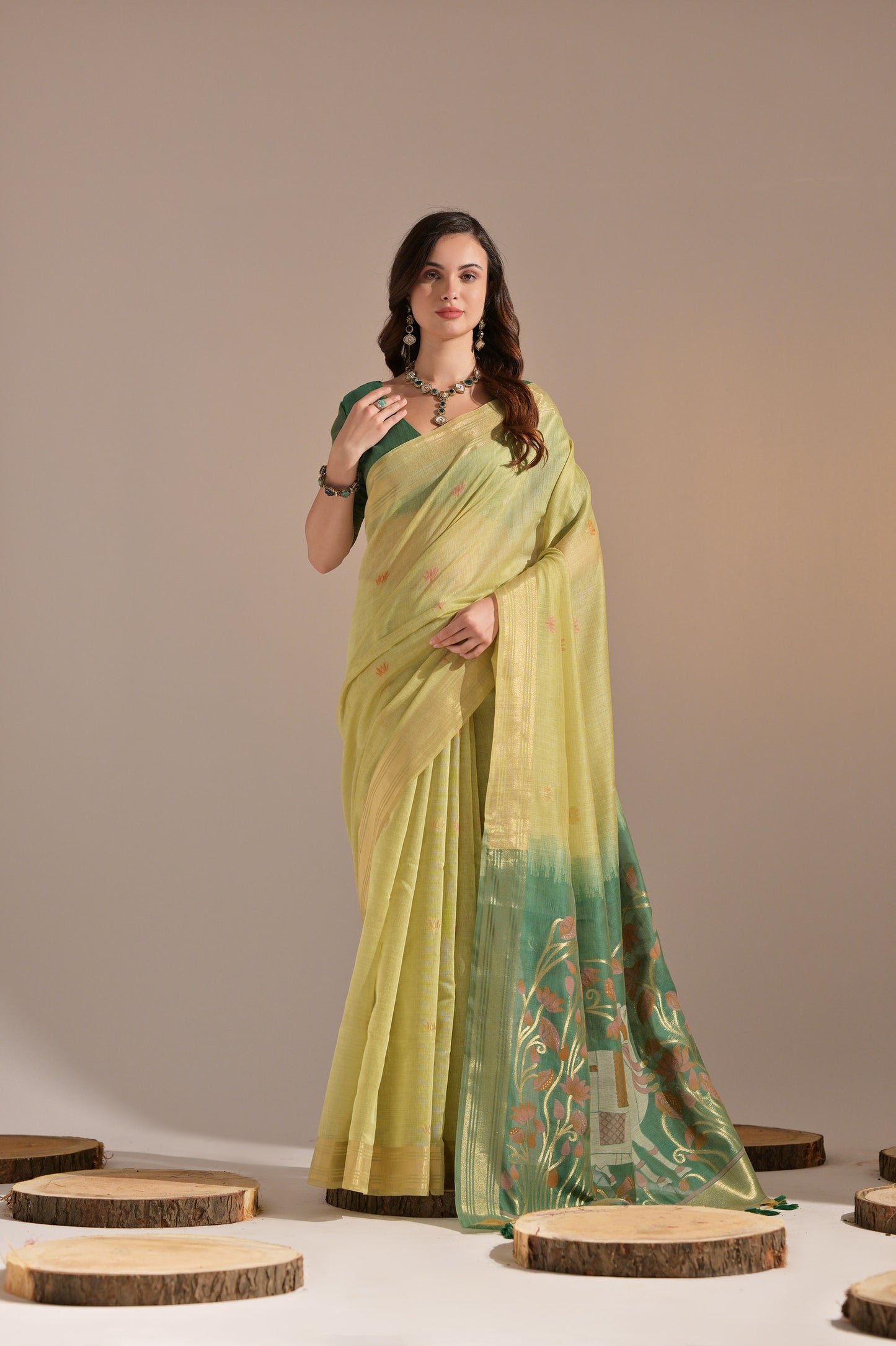 Pista Muga Cotton Cow Design Woven saree