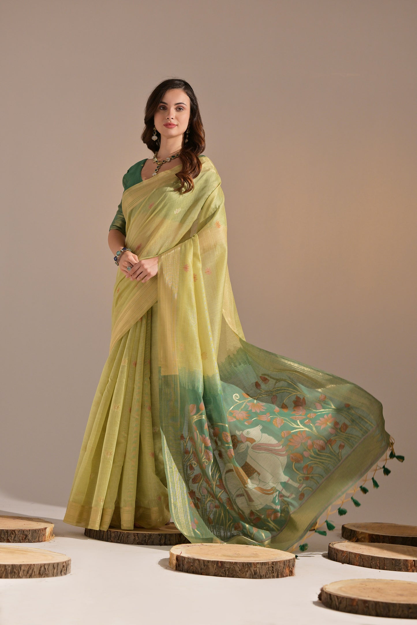 Pista Muga Cotton Cow Design Woven saree