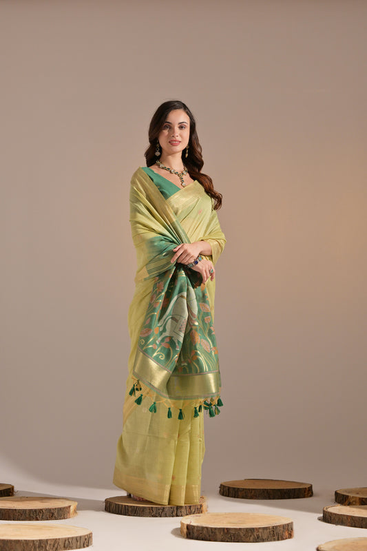 Pista Muga Cotton Cow Design Woven saree