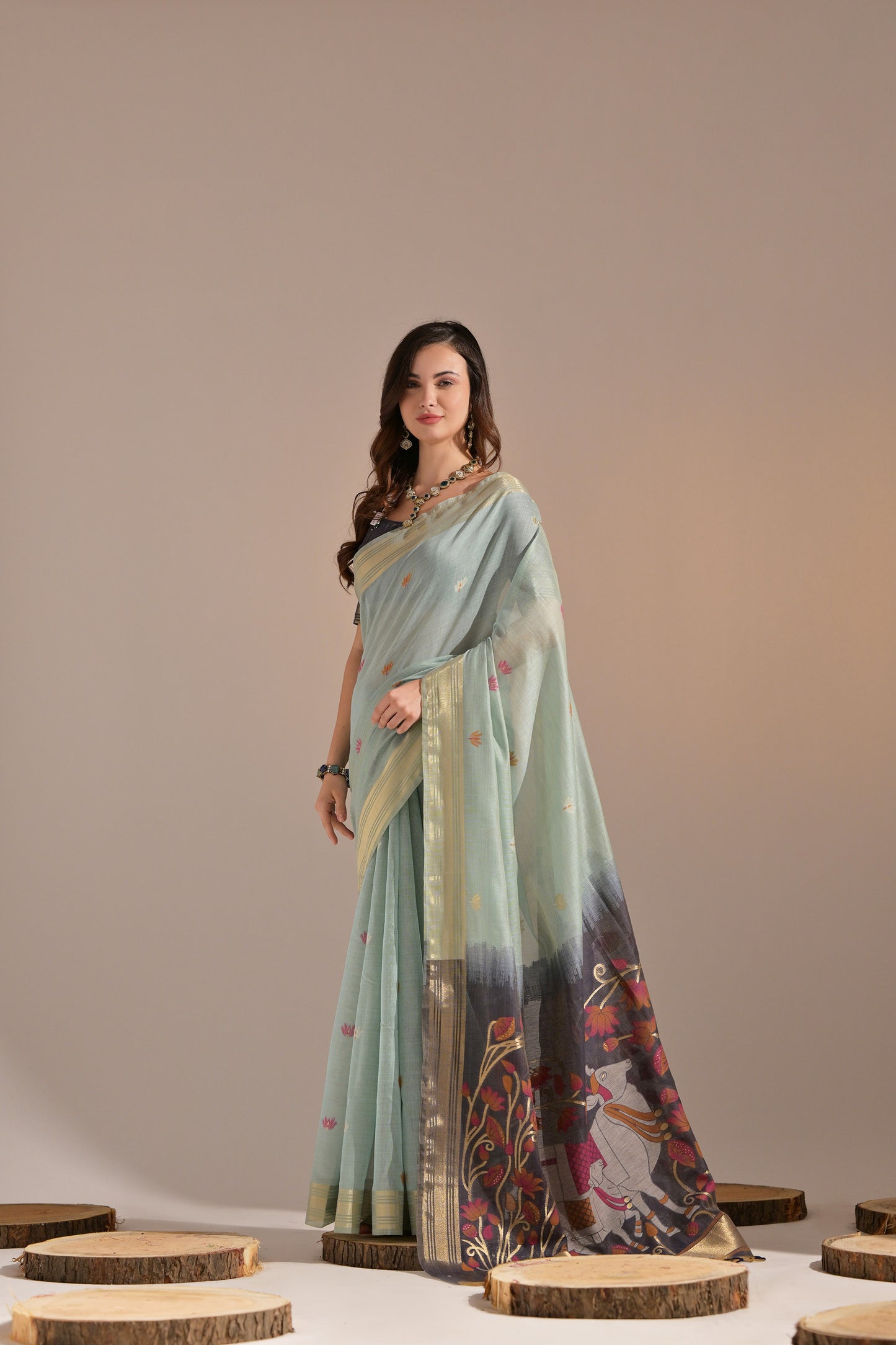 Sea Green Muga Cotton Cow Design Woven saree