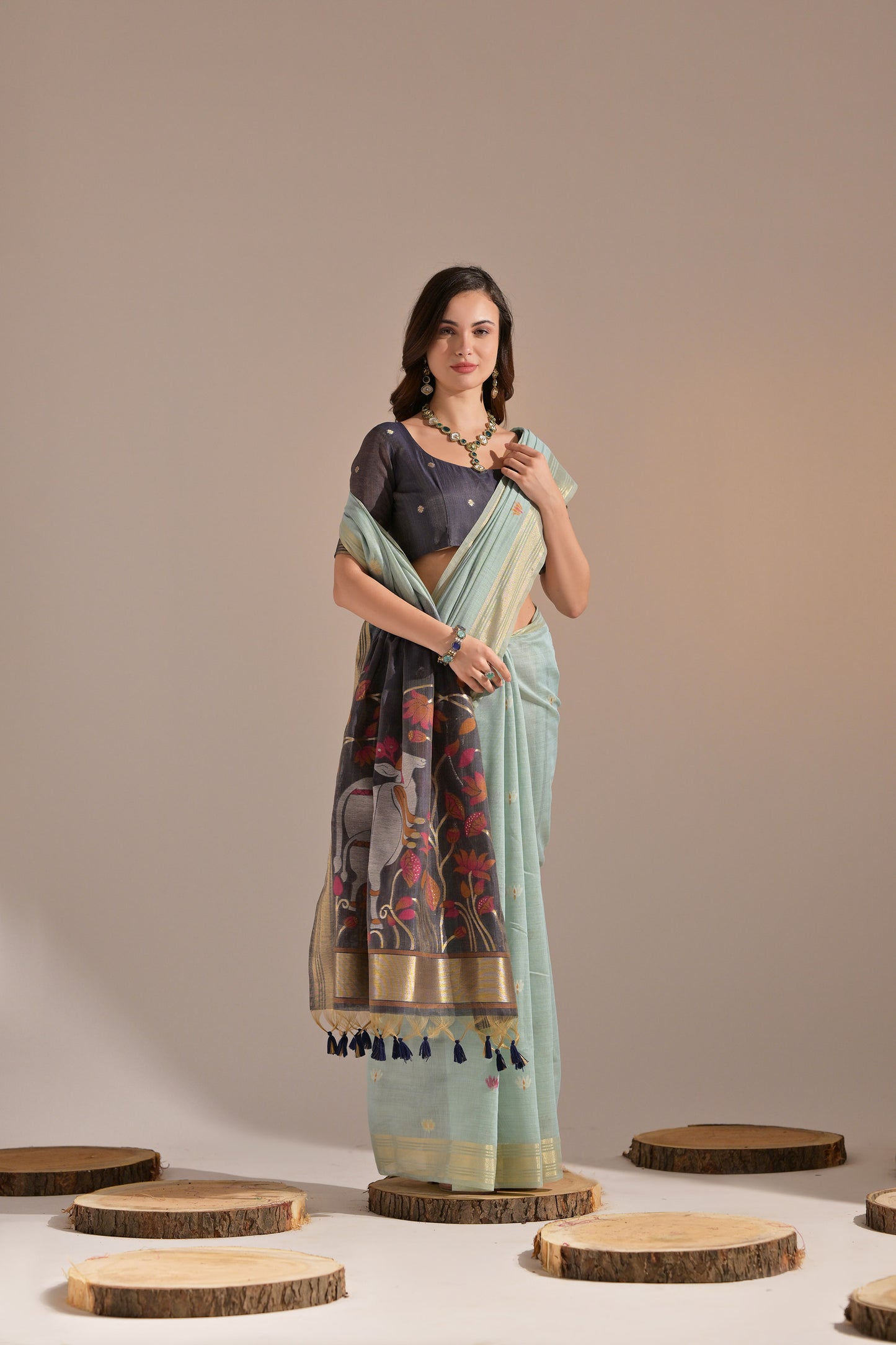 Sea Green Muga Cotton Cow Design Woven saree