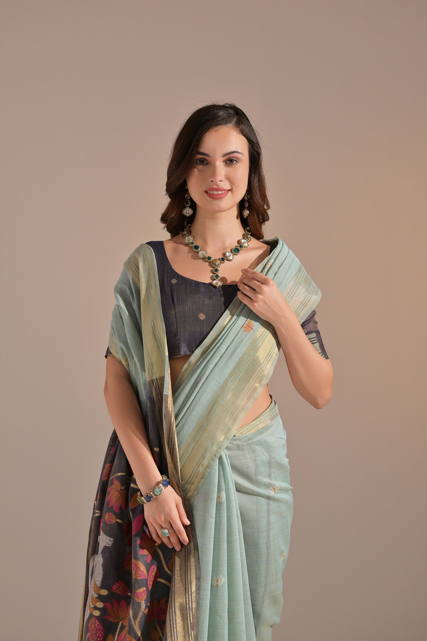 Sea Green Muga Cotton Cow Design Woven saree