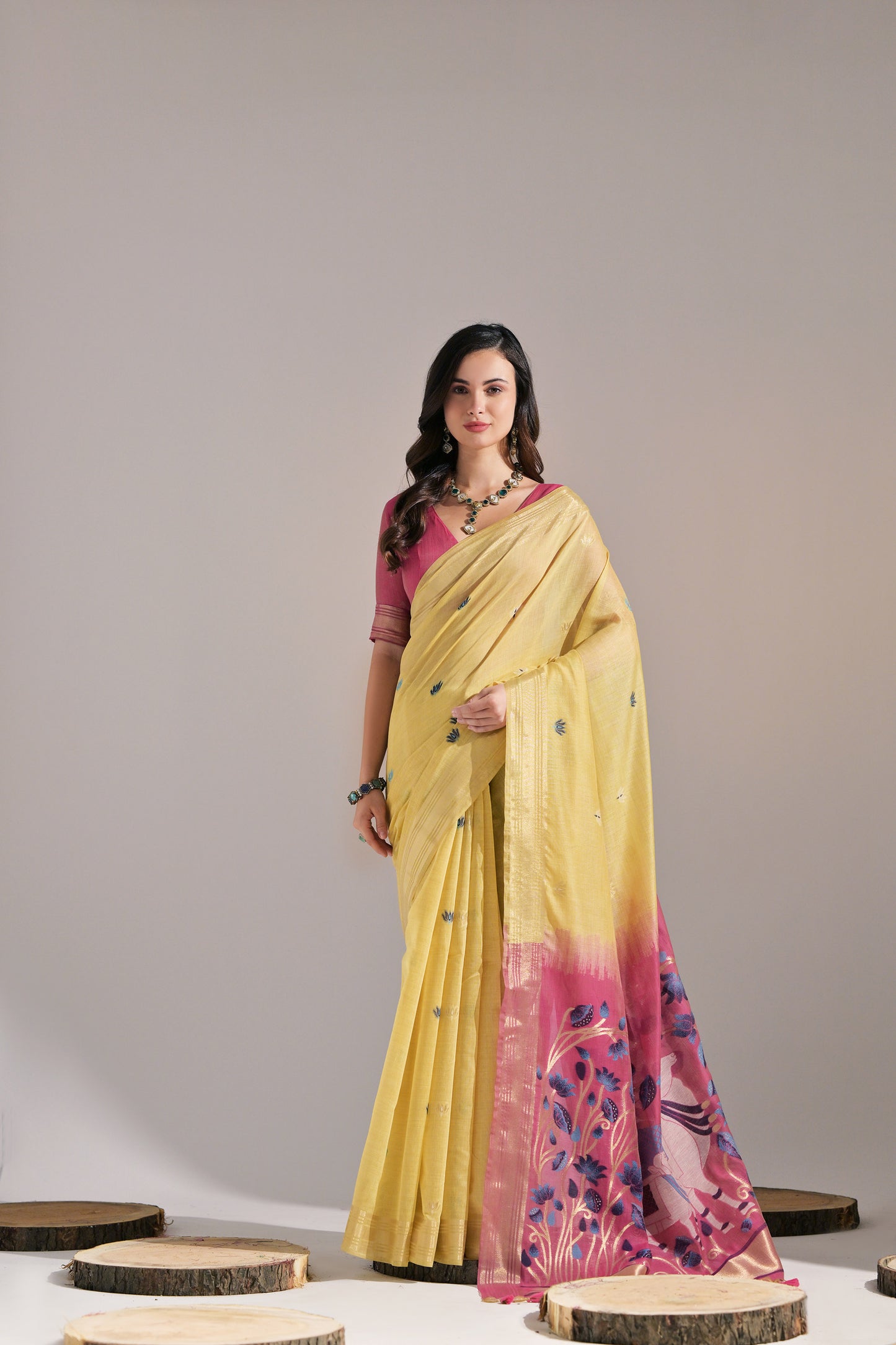 Yellow Muga Cotton Cow Design Woven saree