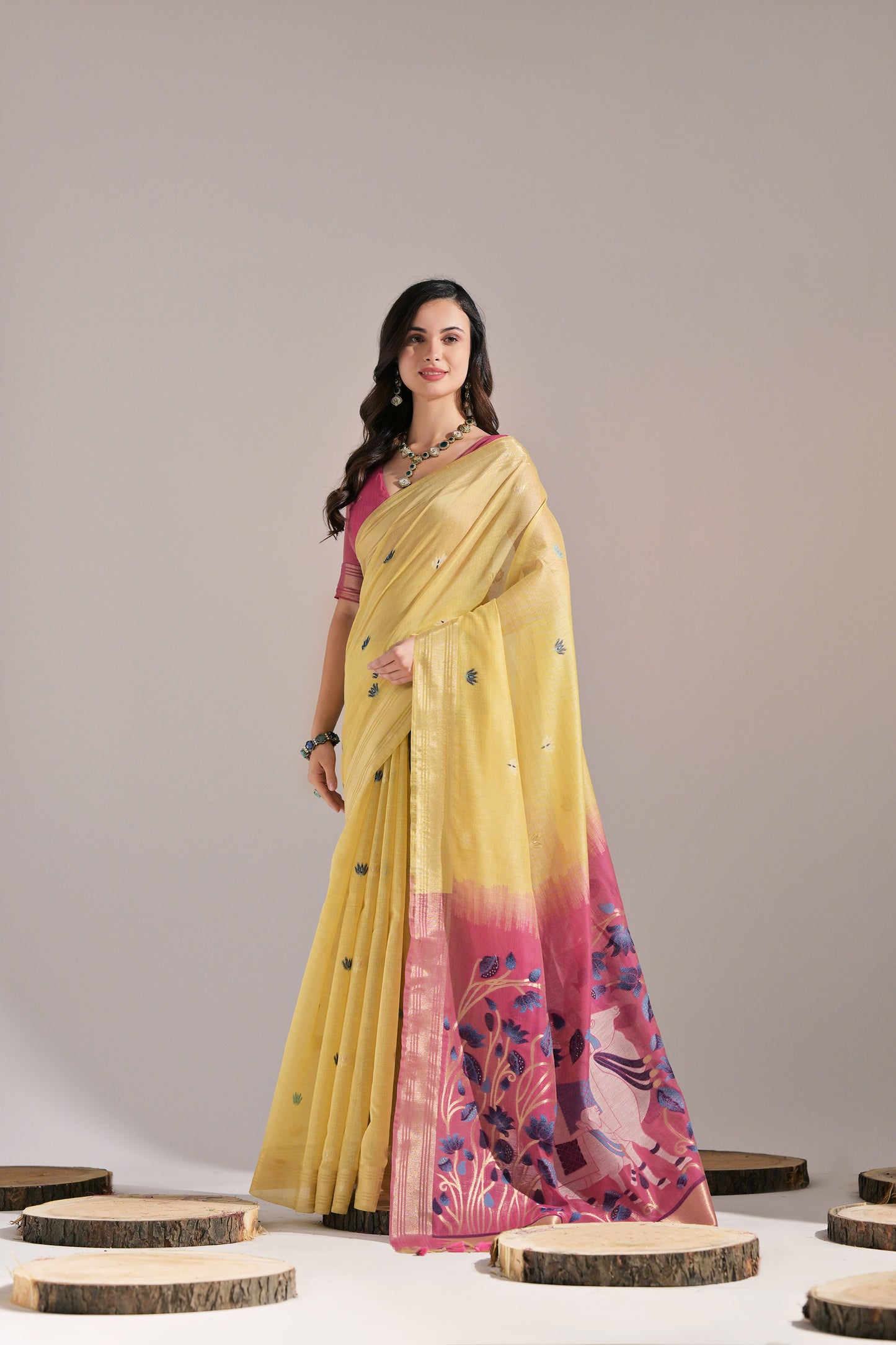 Yellow Muga Cotton Cow Design Woven saree