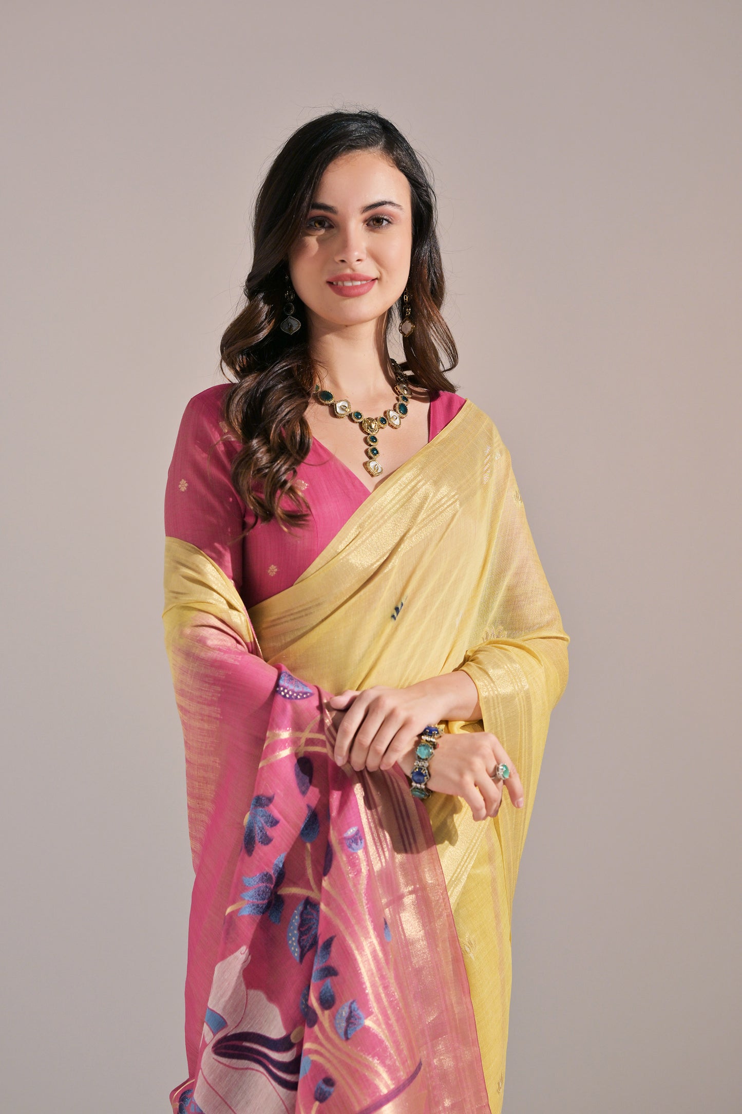 Yellow Muga Cotton Cow Design Woven saree