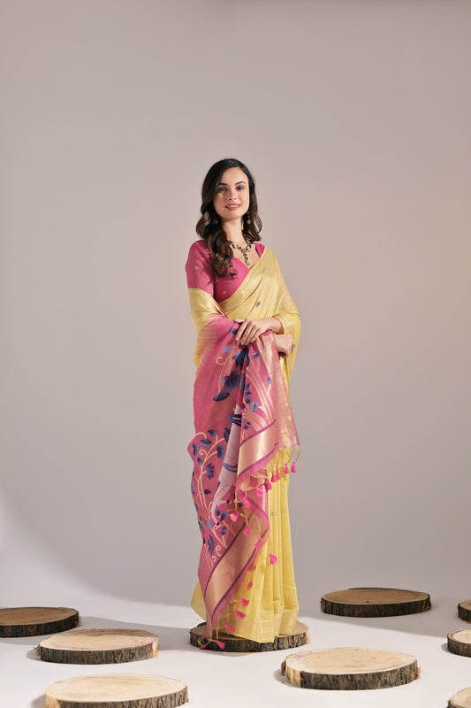 Yellow Muga Cotton Cow Design Woven saree