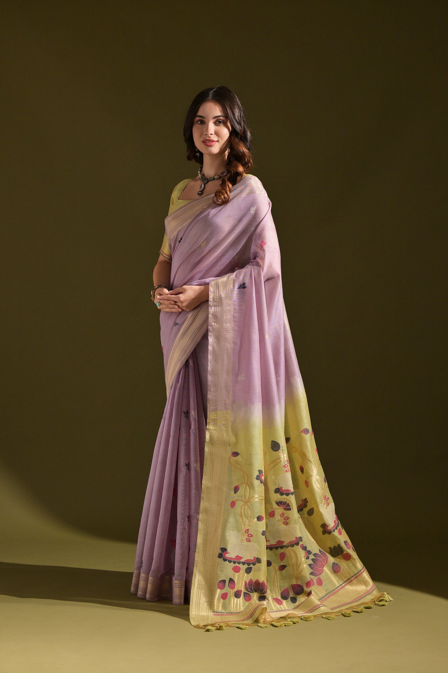 Lavender Muga Cotton Cow and flower Design Woven saree