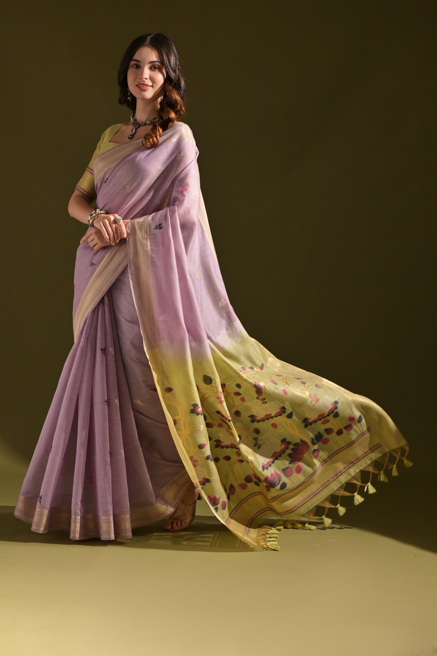 Lavender Muga Cotton Cow and flower Design Woven saree