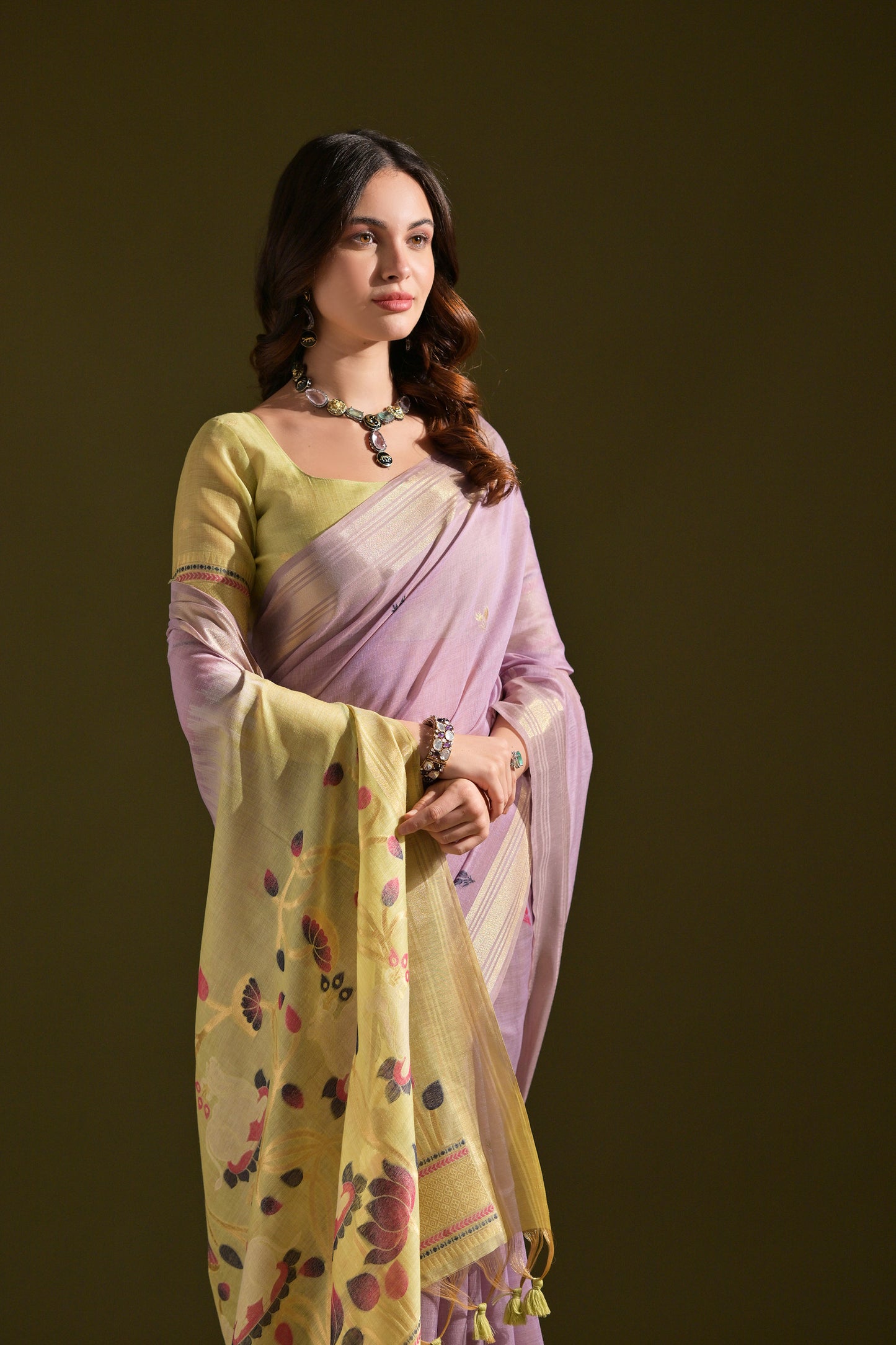 Lavender Muga Cotton Cow and flower Design Woven saree