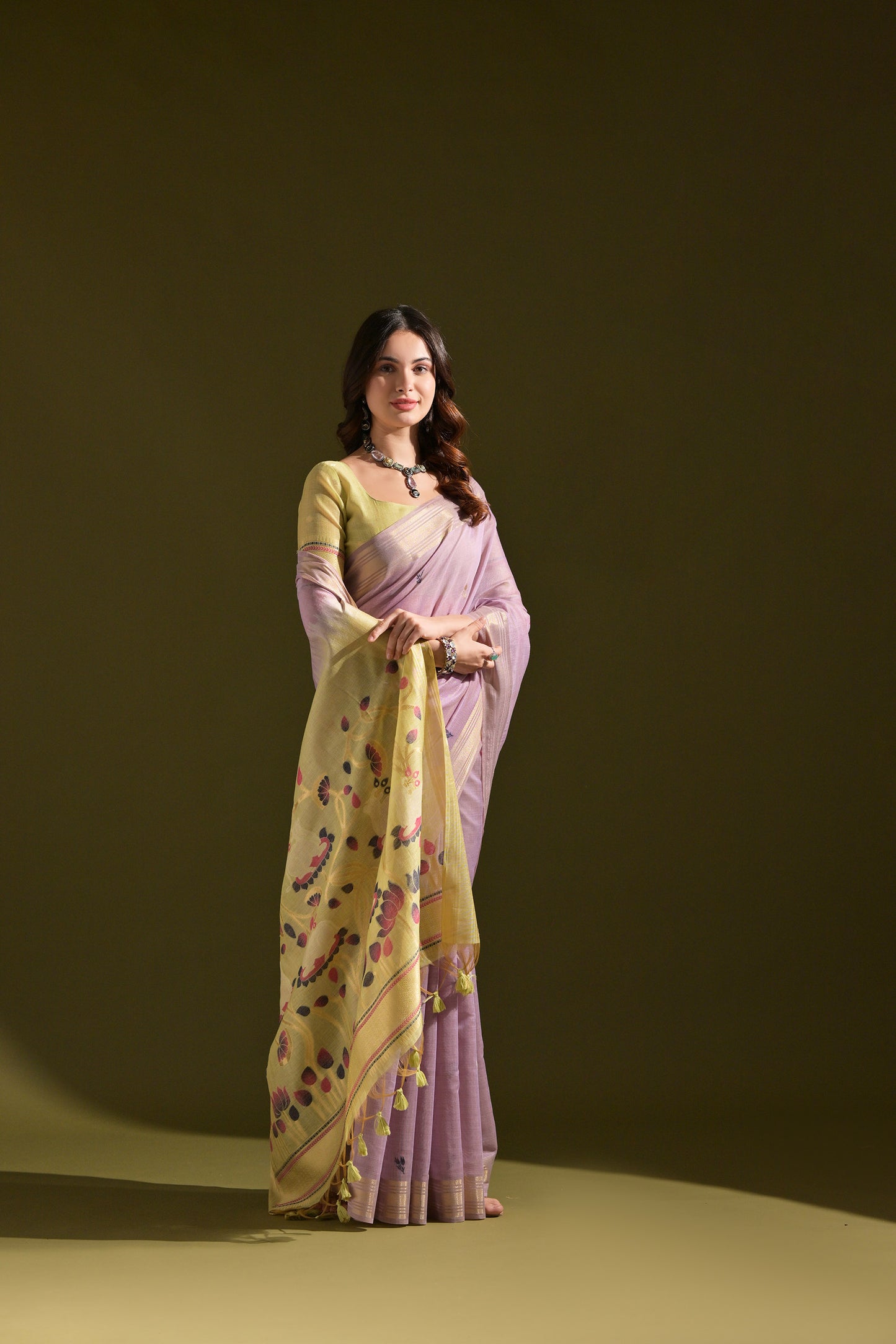 Lavender Muga Cotton Cow and flower Design Woven saree