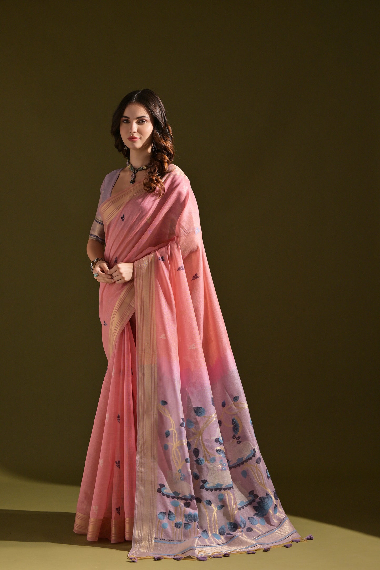 Pink Muga Cotton Cow and flower Design Woven saree