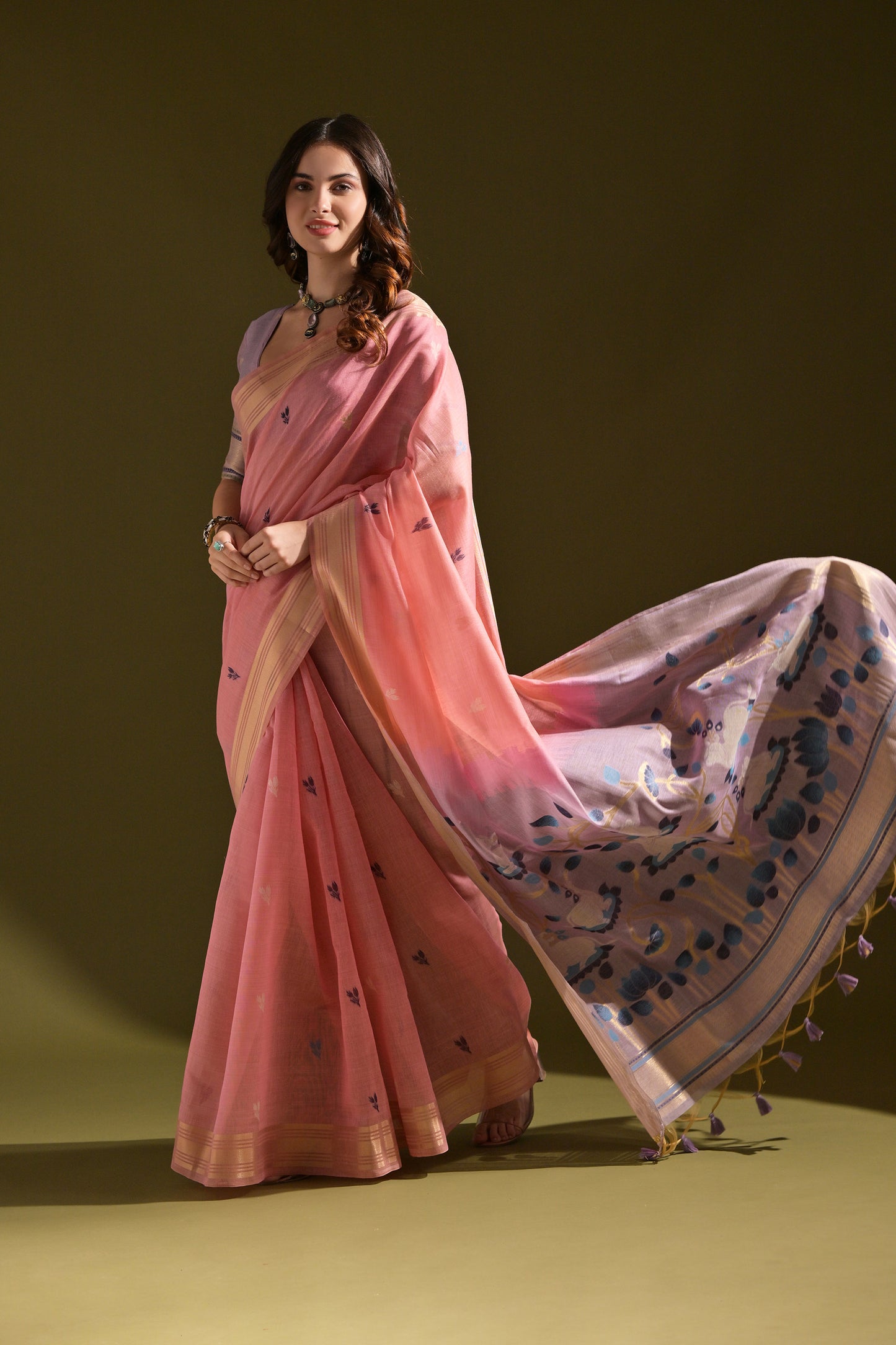 Pink Muga Cotton Cow and flower Design Woven saree