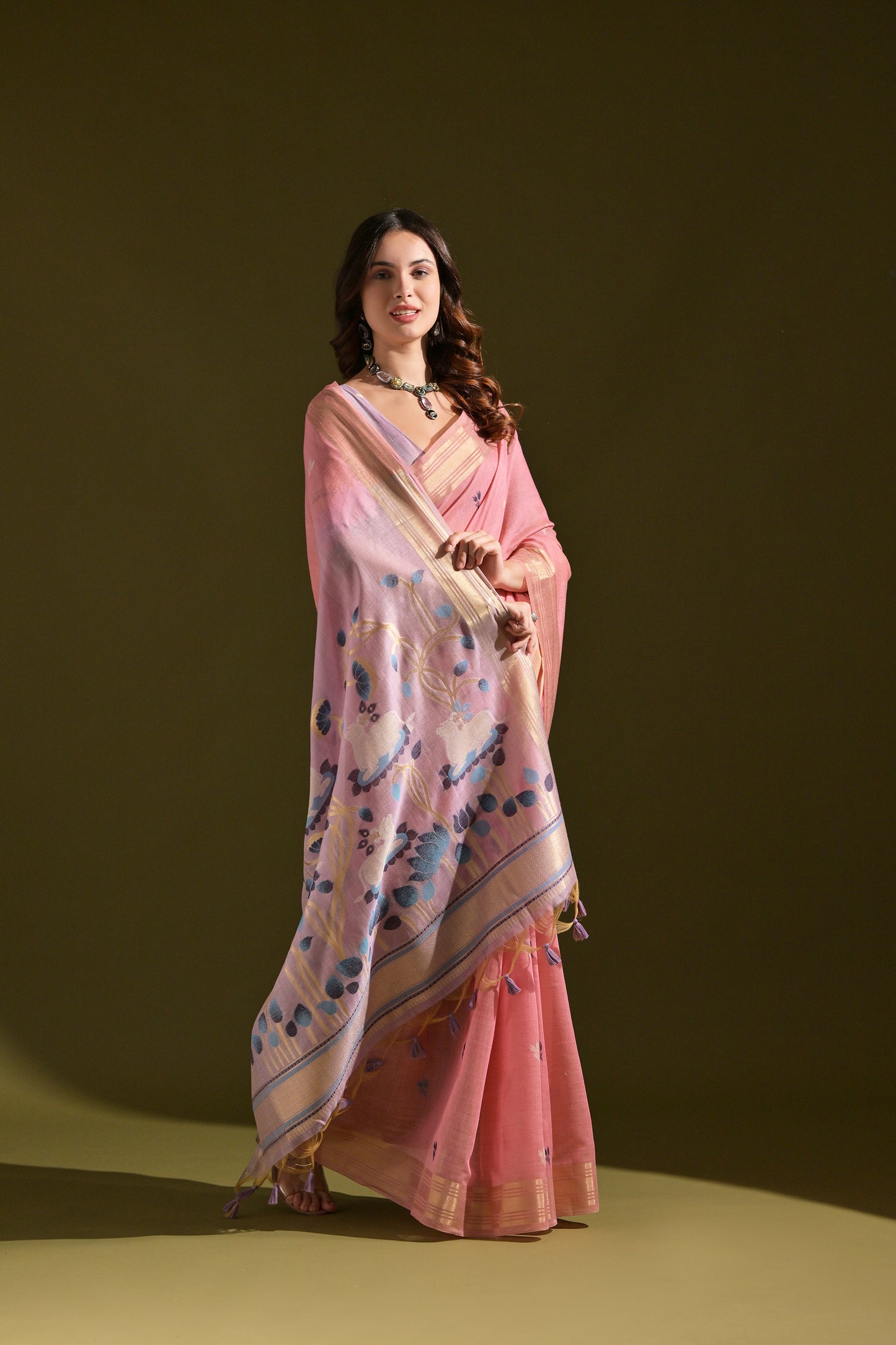 Pink Muga Cotton Cow and flower Design Woven saree