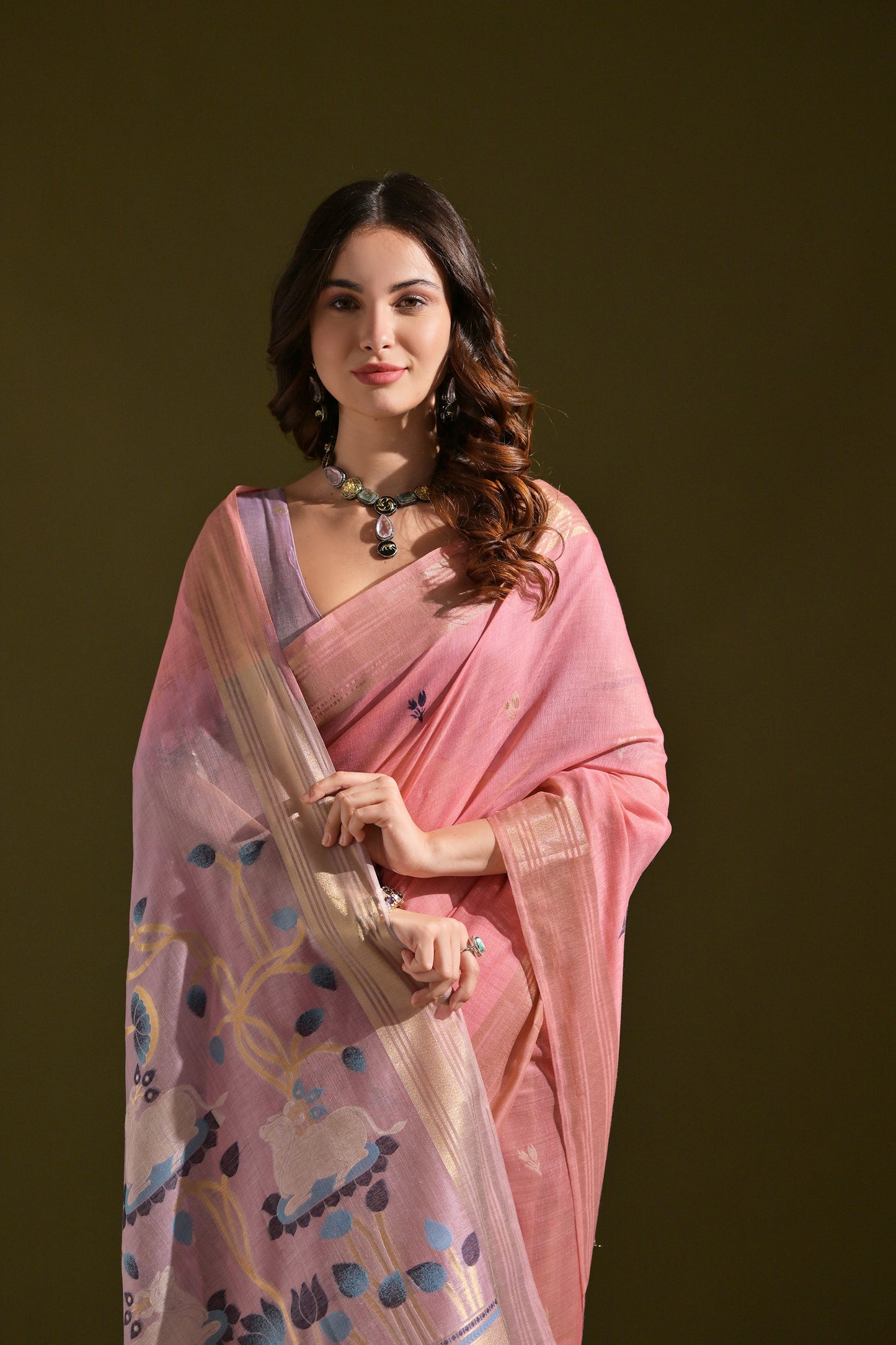 Pink Muga Cotton Cow and flower Design Woven saree