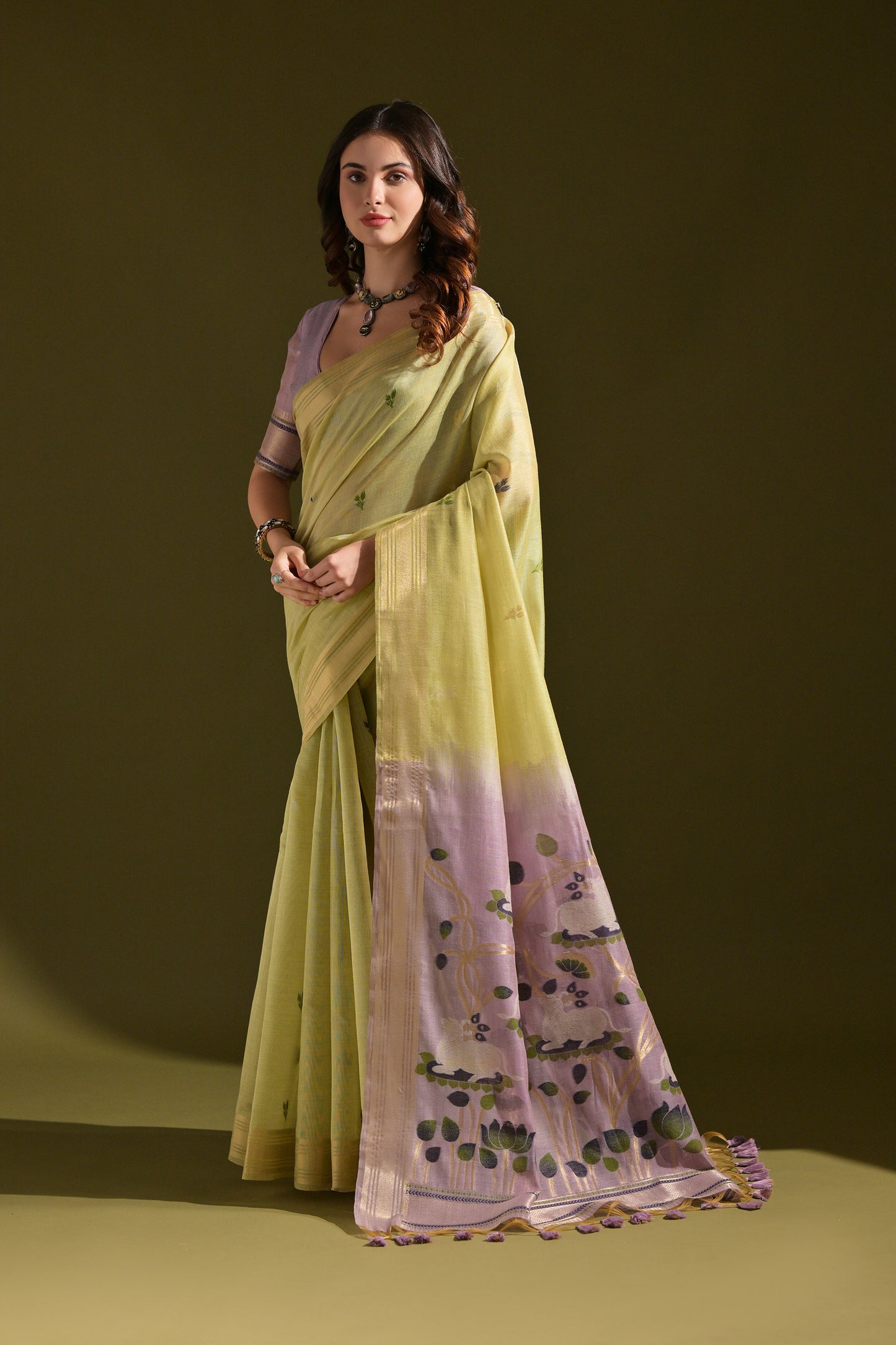 Pista Muga Cotton Cow and flower Design Woven saree