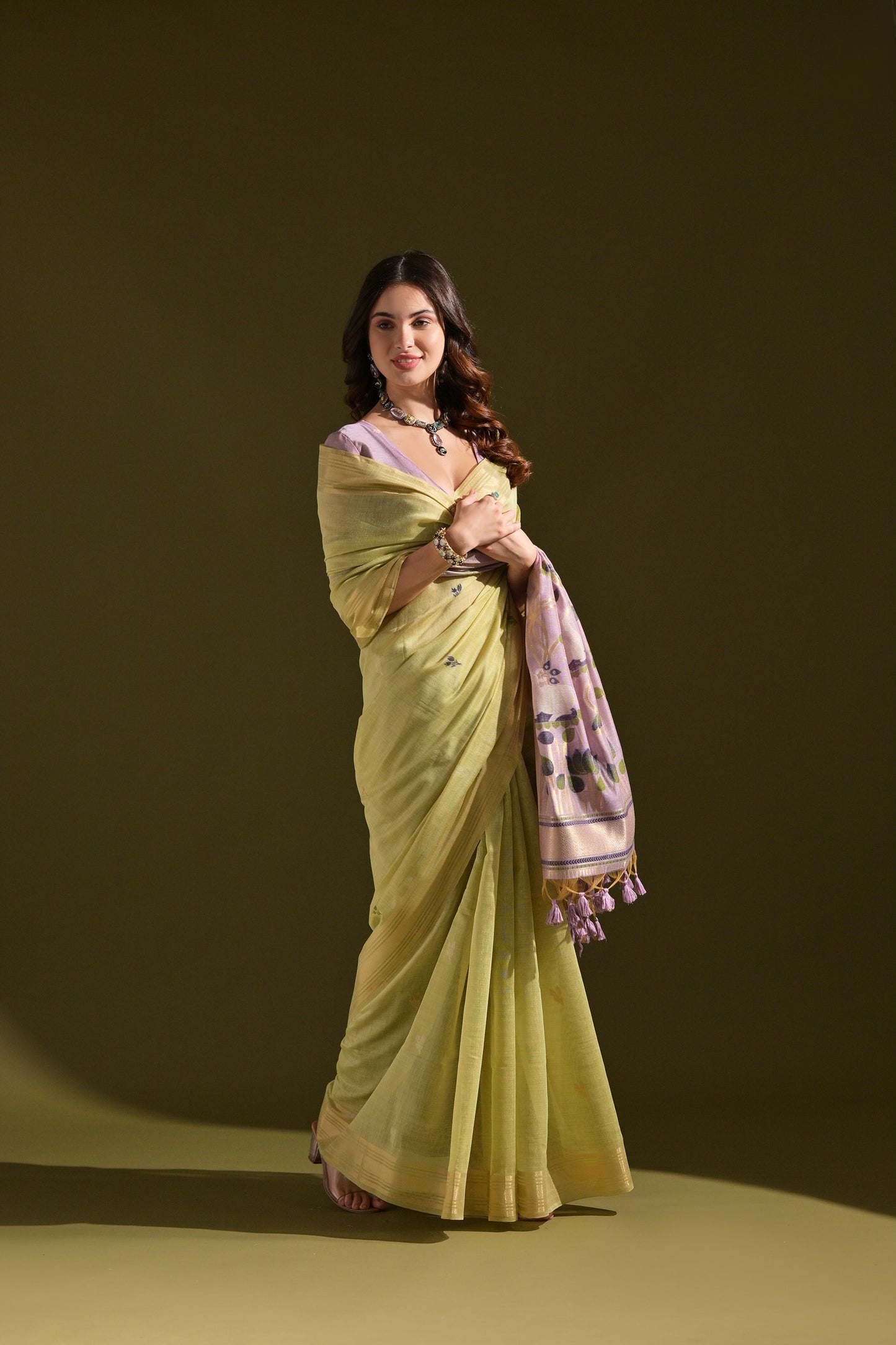 Pista Muga Cotton Cow and flower Design Woven saree