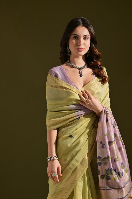 Pista Muga Cotton Cow and flower Design Woven saree