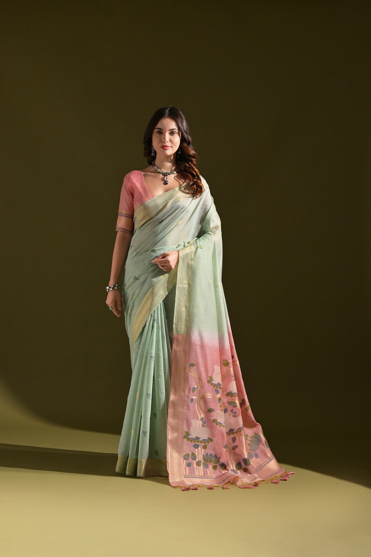 Sea Green Muga Cotton Cow and flower Design Woven saree