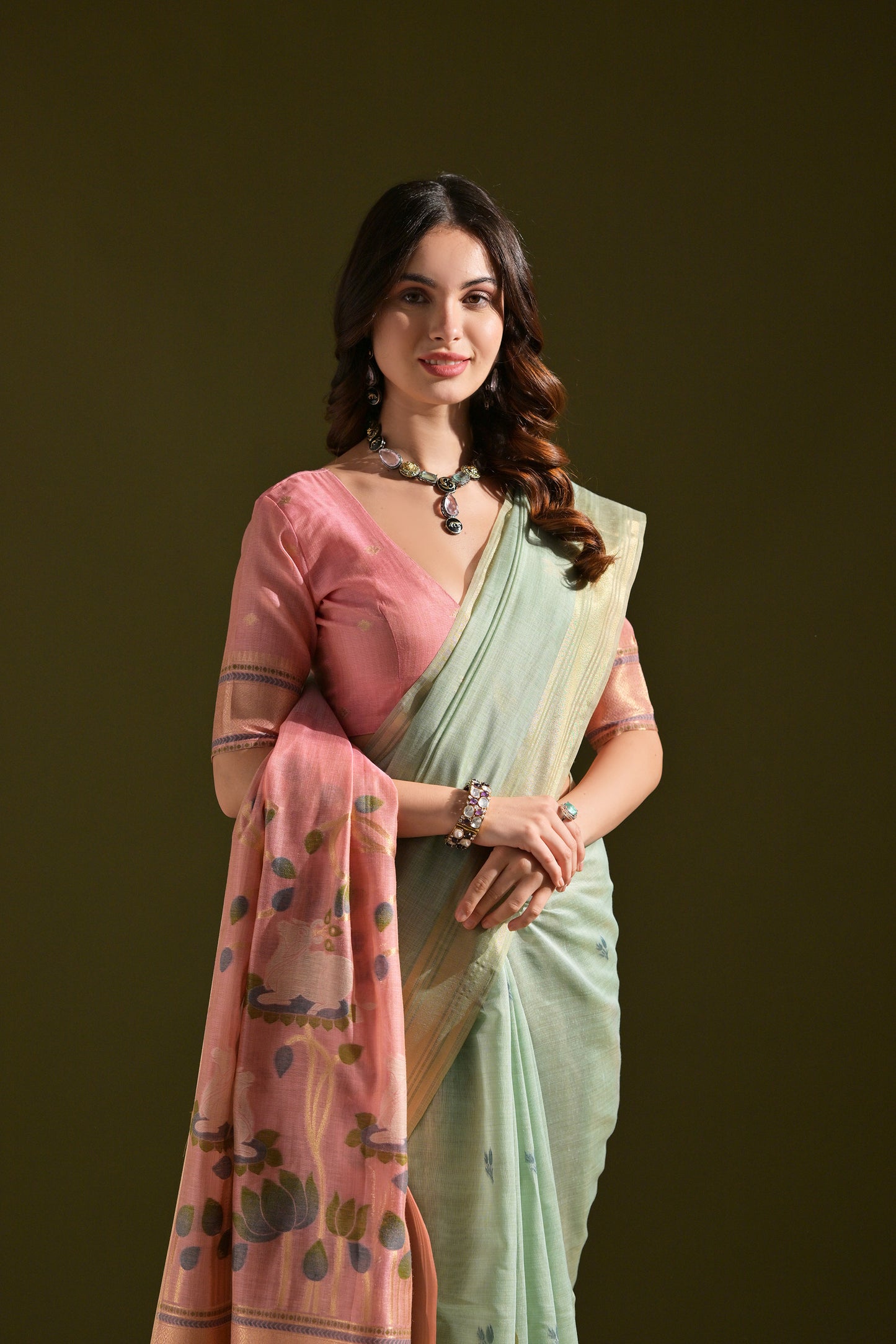 Sea Green Muga Cotton Cow and flower Design Woven saree