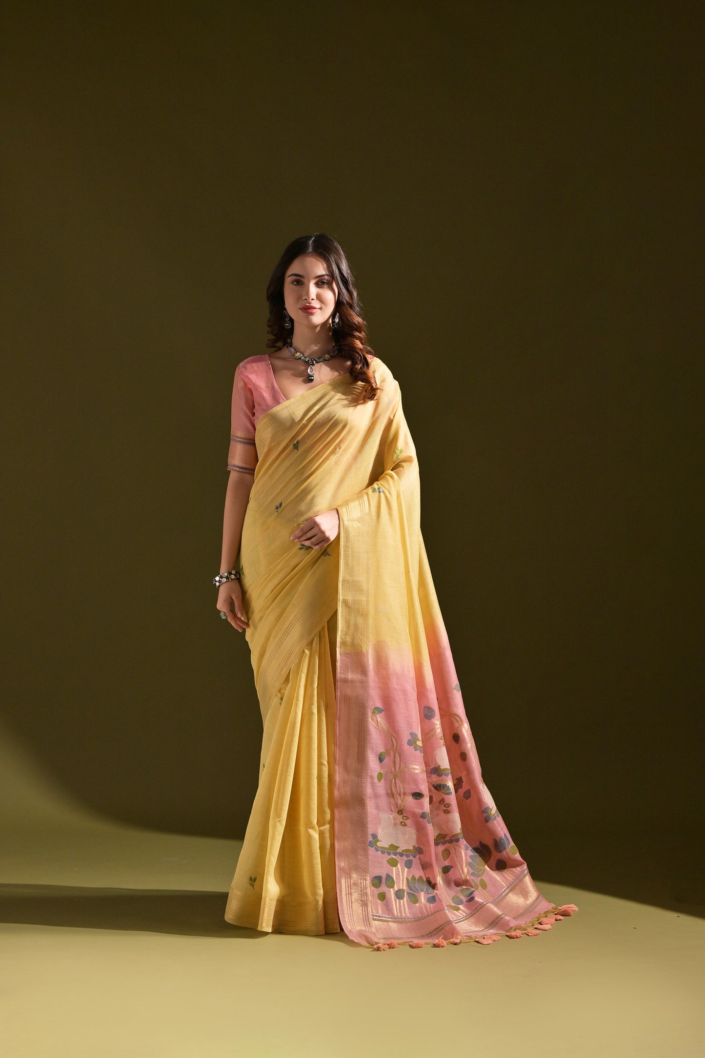 Yellow Muga Cotton Cow and flower Design Woven saree