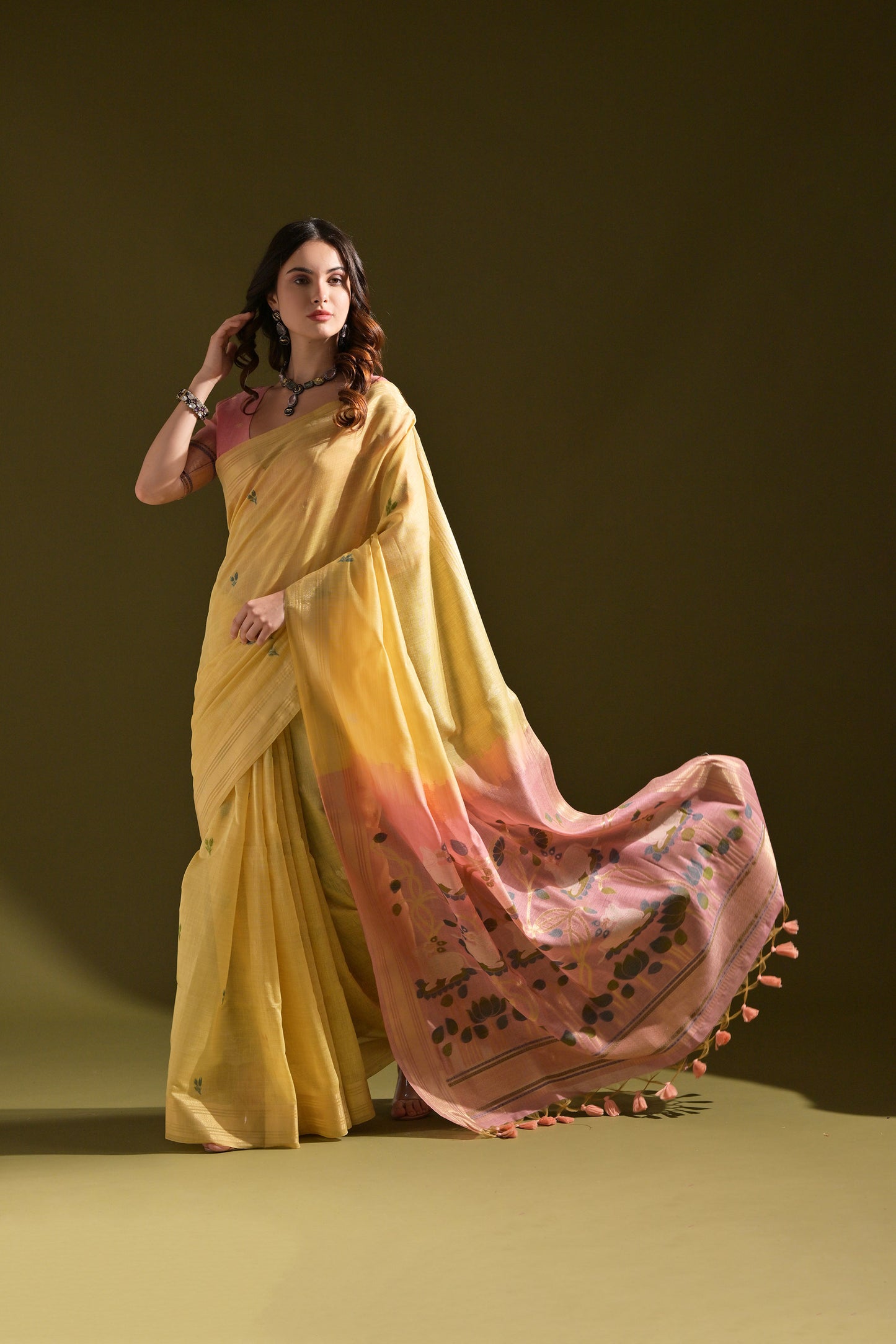 Yellow Muga Cotton Cow and flower Design Woven saree