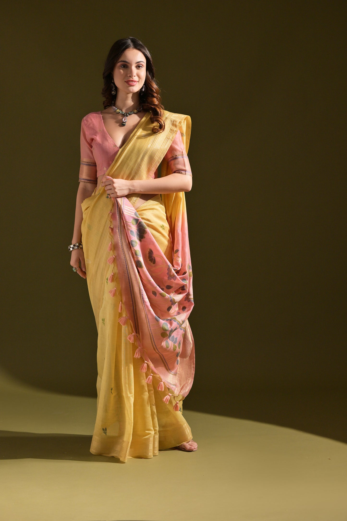 Yellow Muga Cotton Cow and flower Design Woven saree