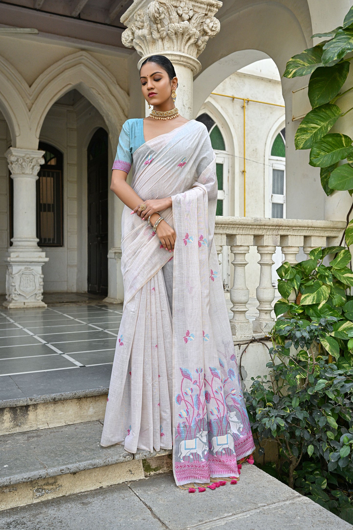 Pink Muga Cotton Pichwai pattern meenakari butti weave Saree