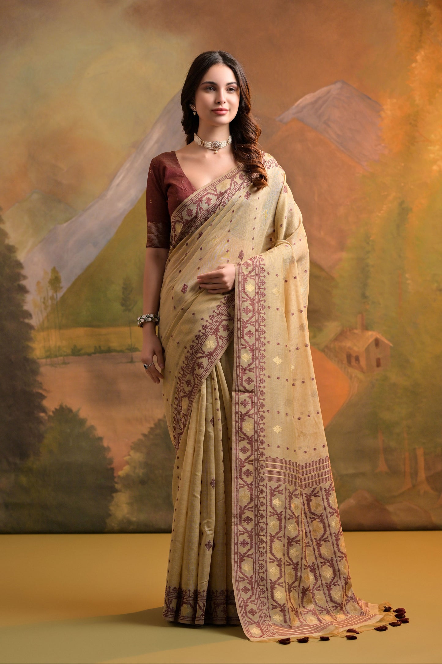 Cream Muga Cotton Thread Woven Jamdani saree