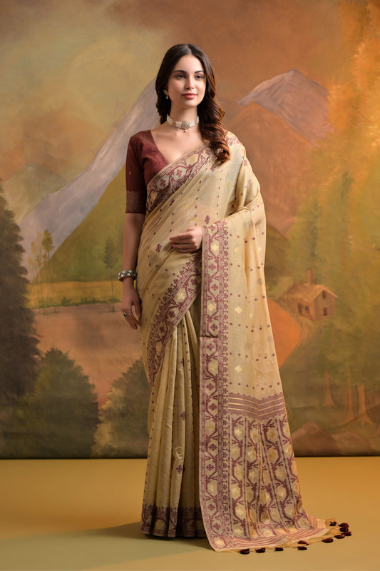 Cream Muga Cotton Thread Woven Jamdani saree