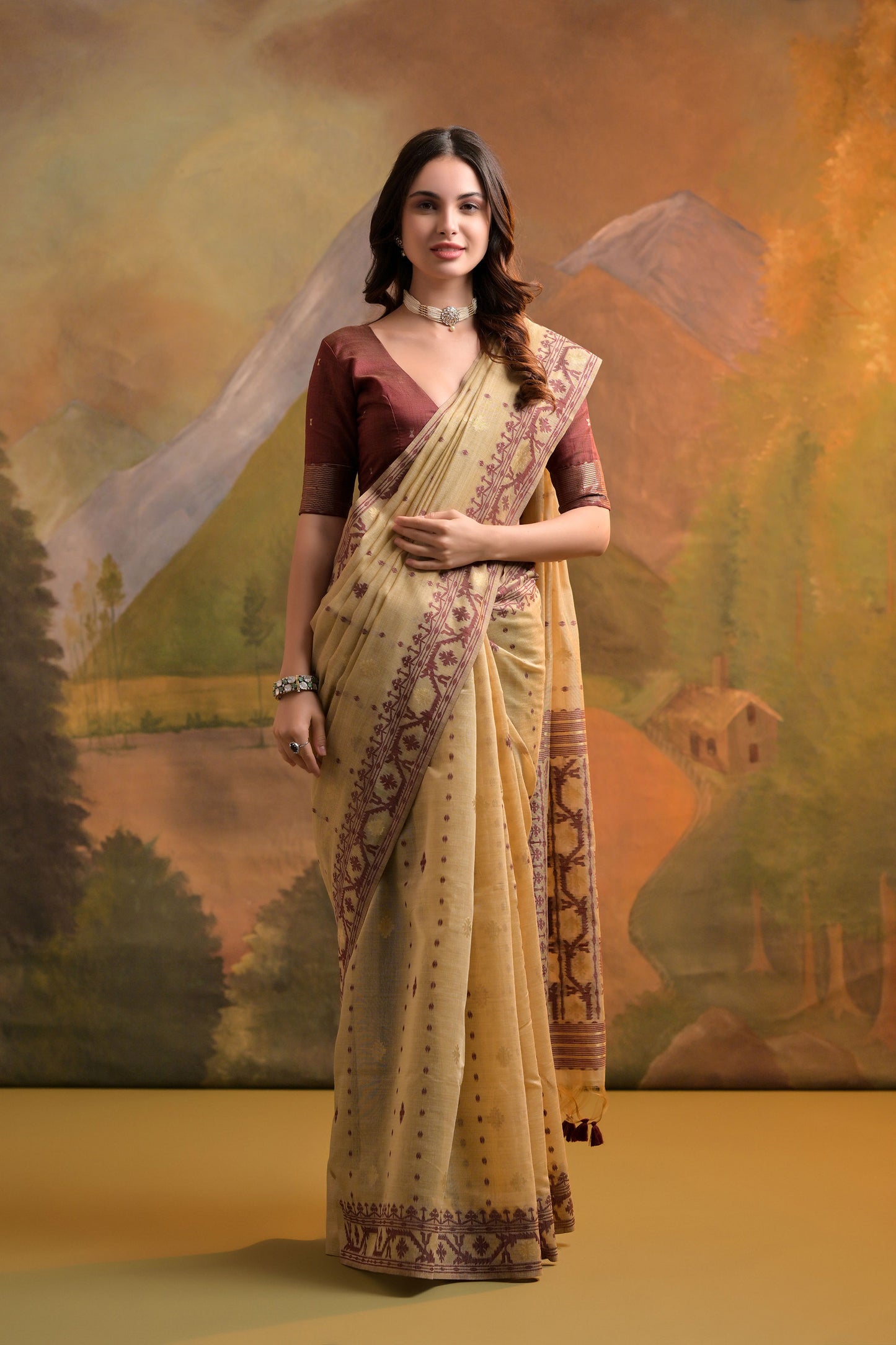 Cream Muga Cotton Thread Woven Jamdani saree