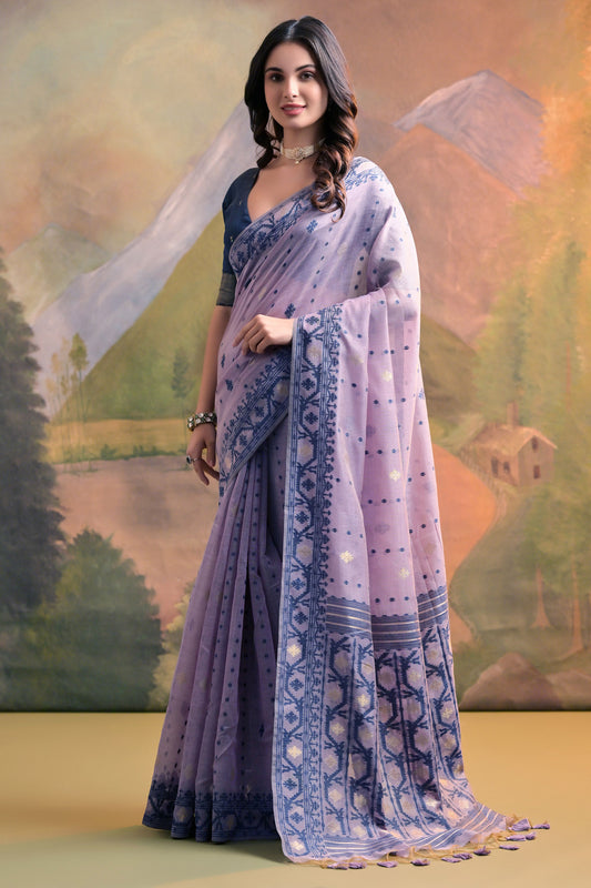 Lavender Muga Cotton Thread Woven Jamdani saree