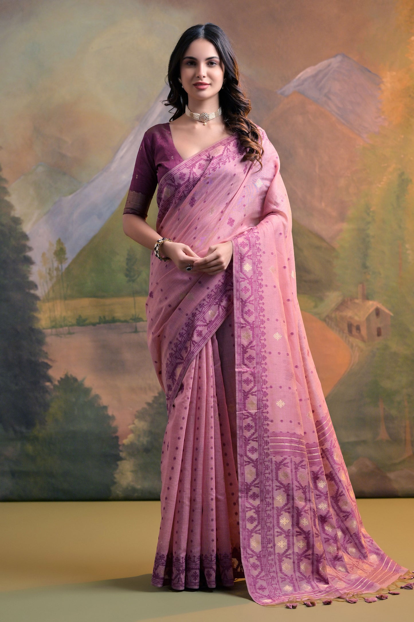 Pink Muga Cotton Thread Woven Jamdani saree