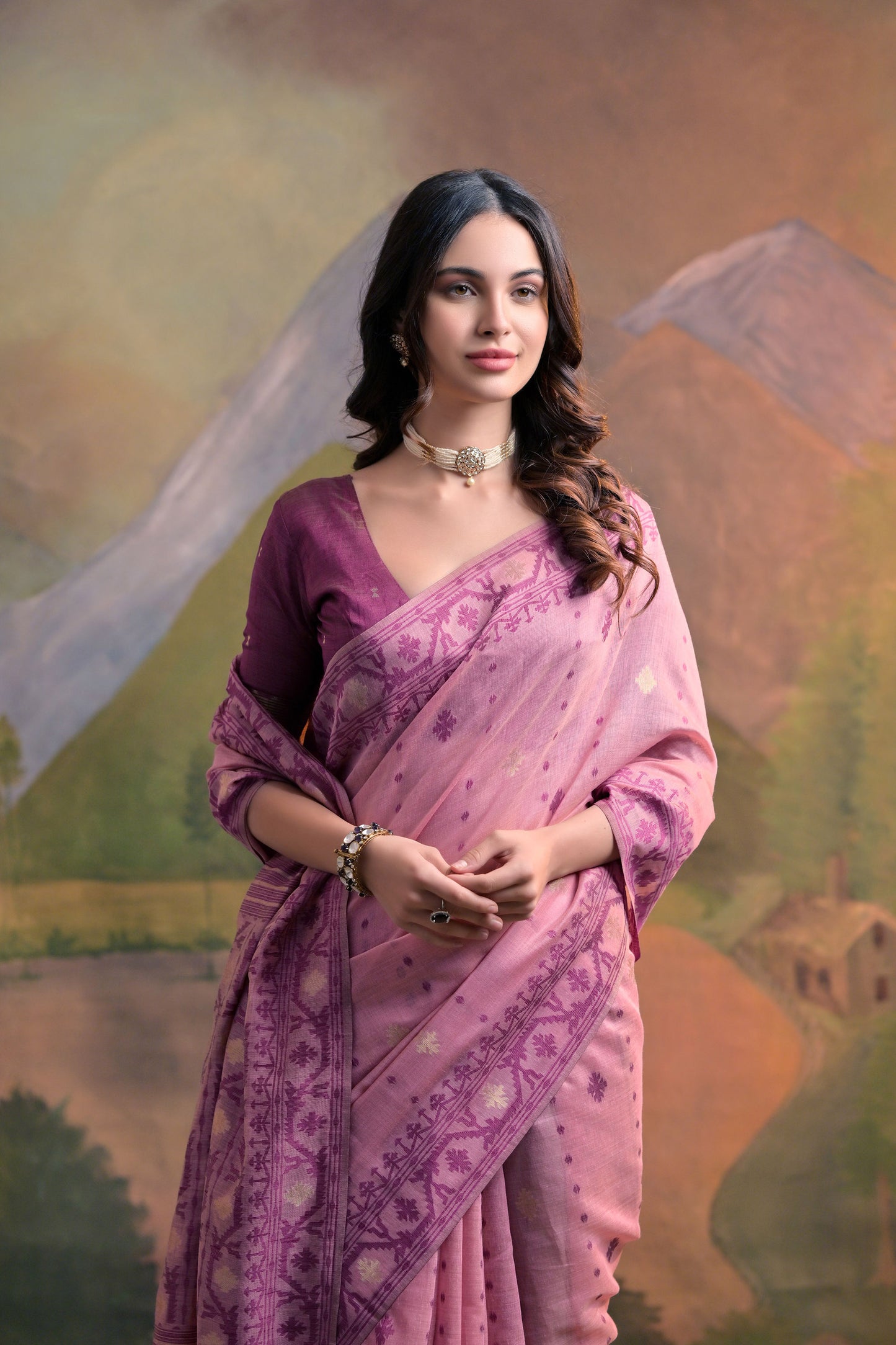 Pink Muga Cotton Thread Woven Jamdani saree