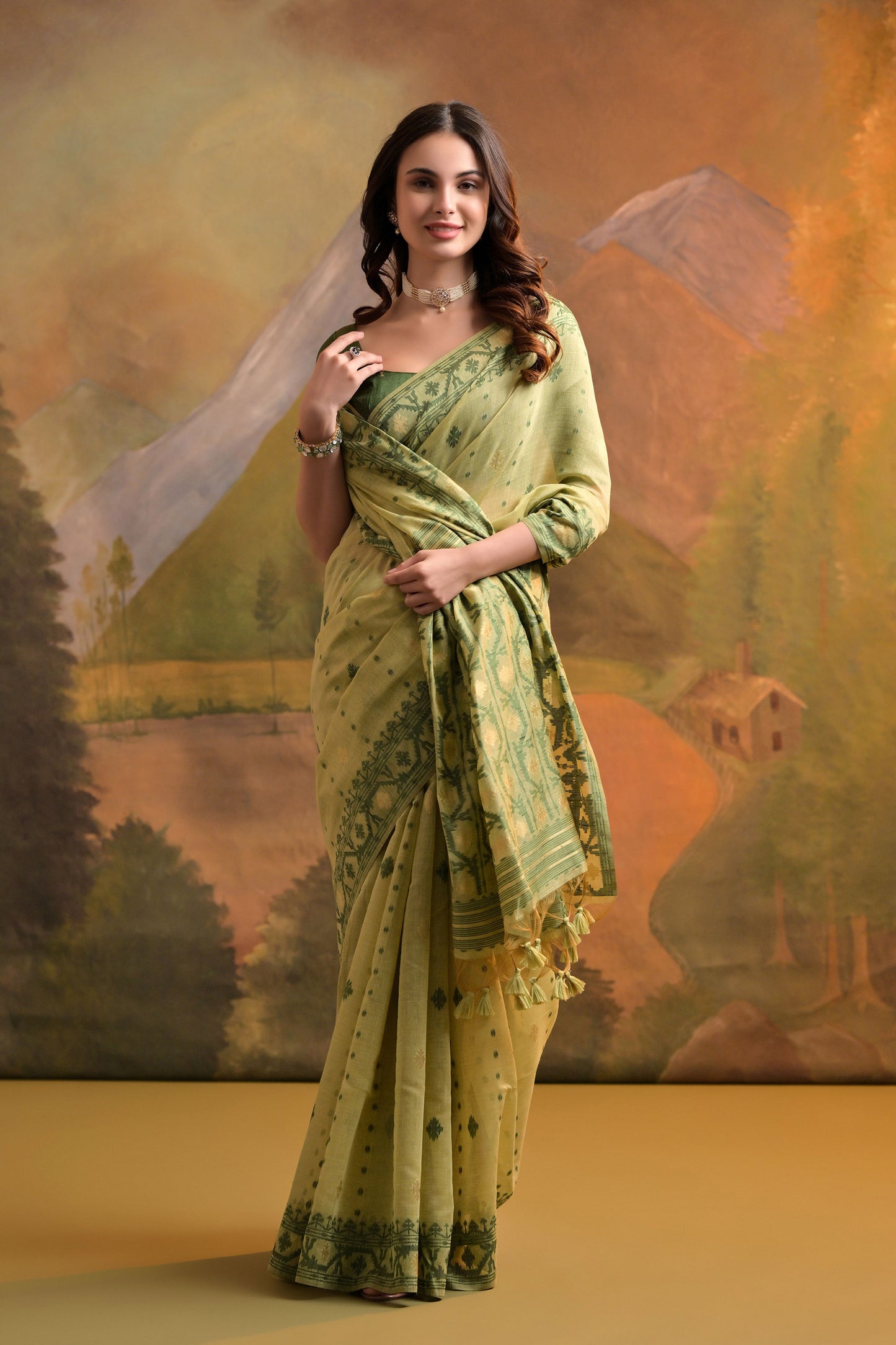 Pista Muga Cotton Thread Woven Jamdani saree