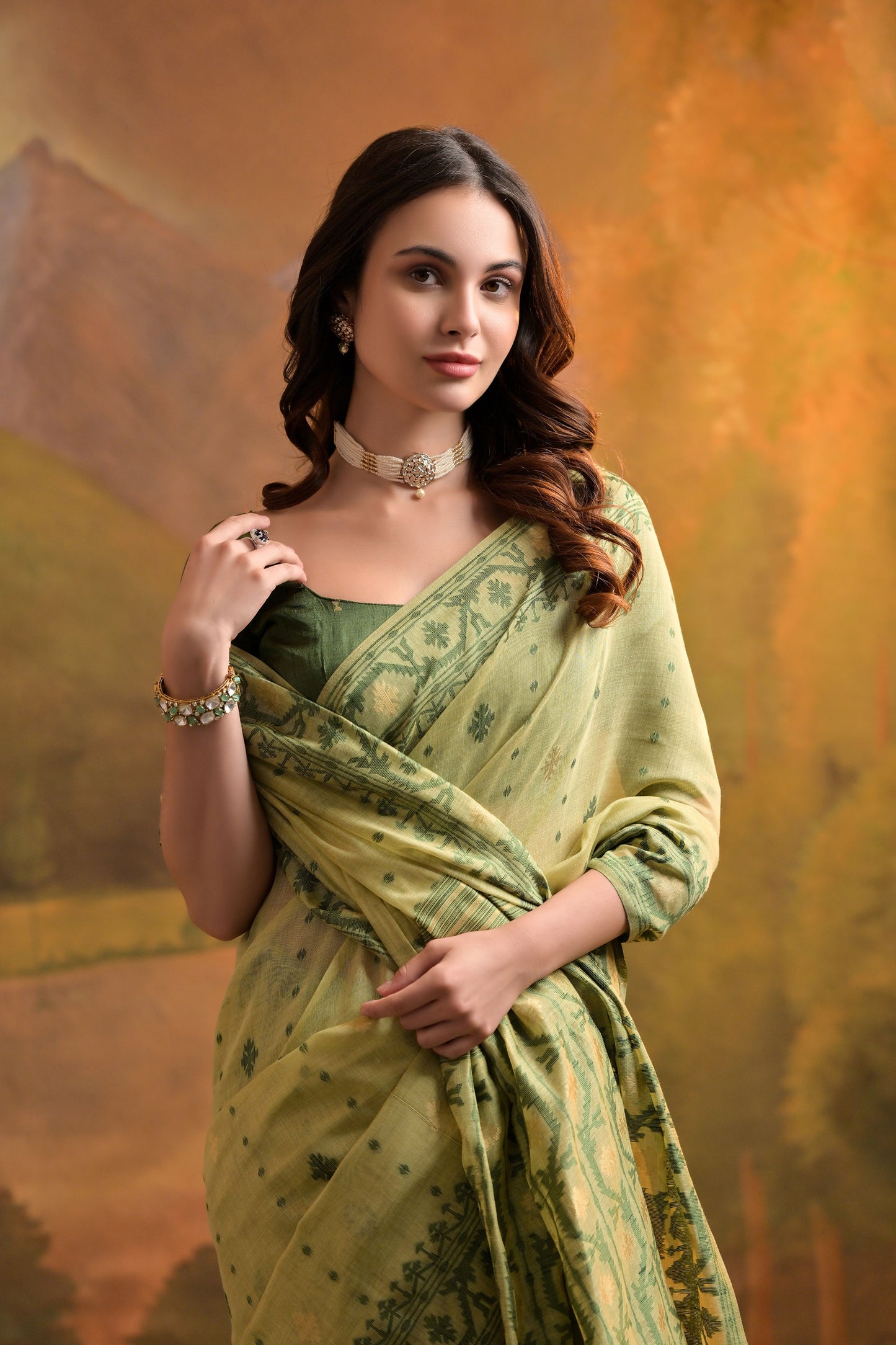 Pista Muga Cotton Thread Woven Jamdani saree