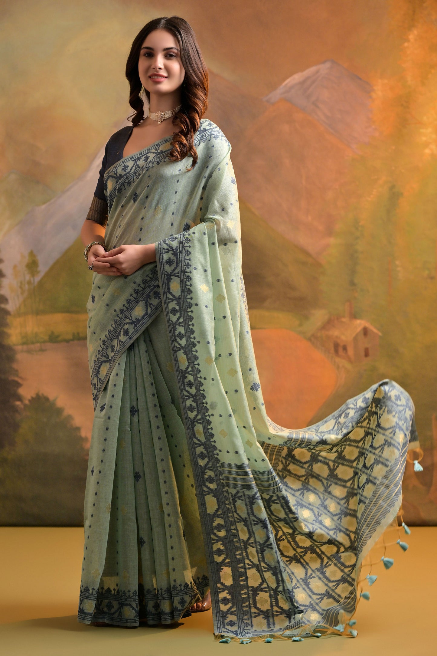 Sea Green Muga Cotton Thread Woven Jamdani saree