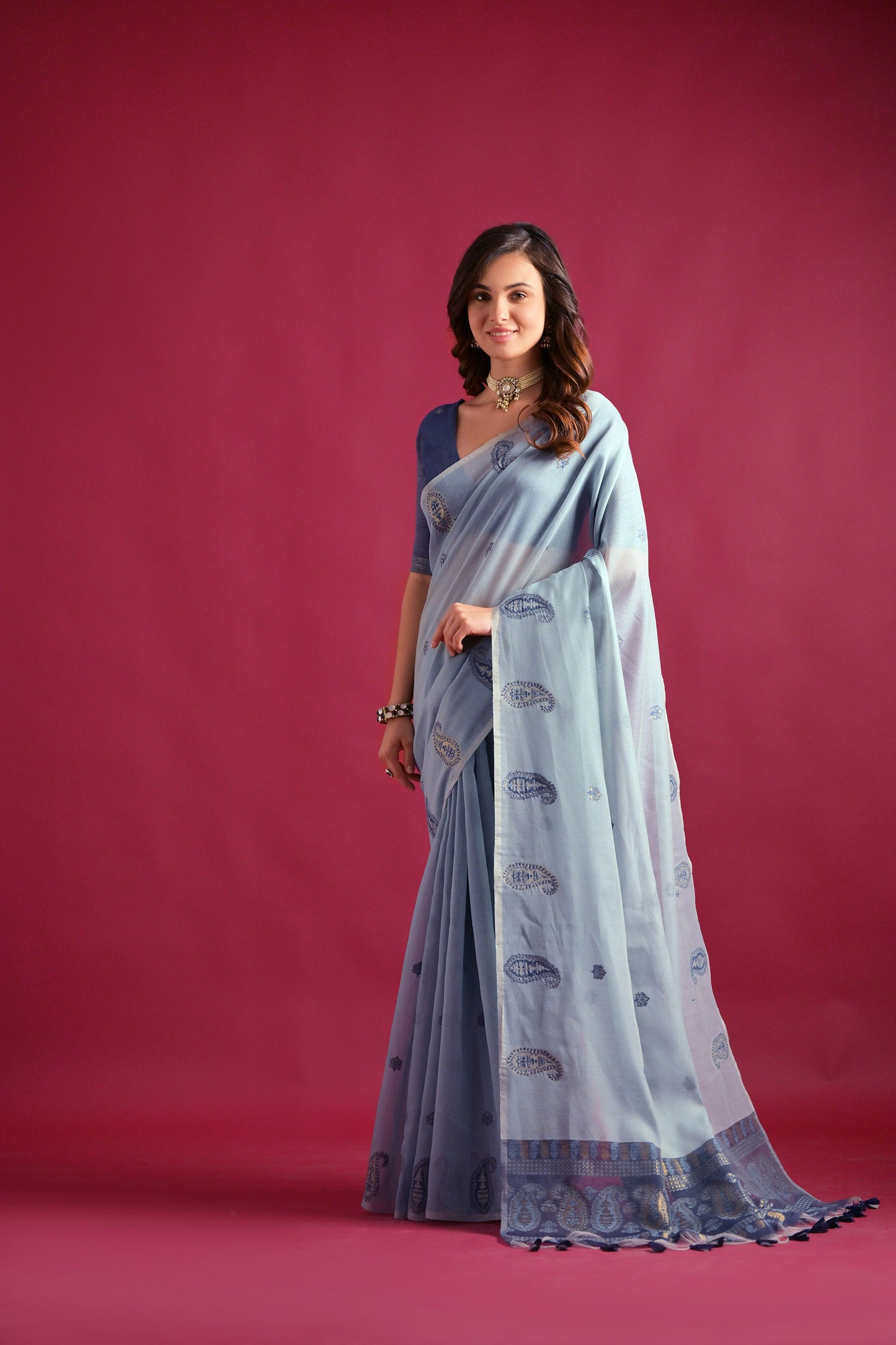 Firozi Mul mul Cotton Keri Woven Artisan saree