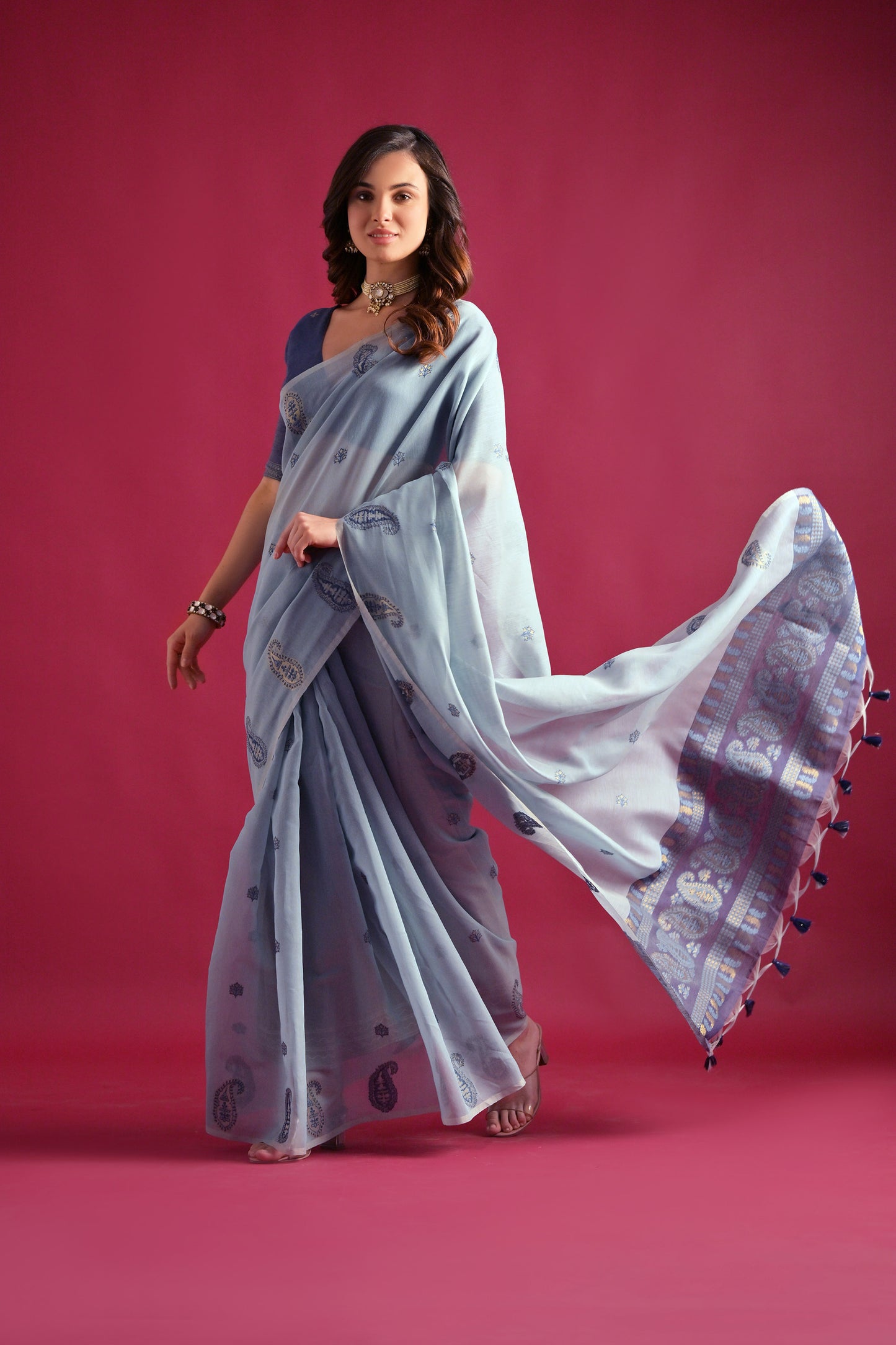 Firozi Mul mul Cotton Keri Woven Artisan saree