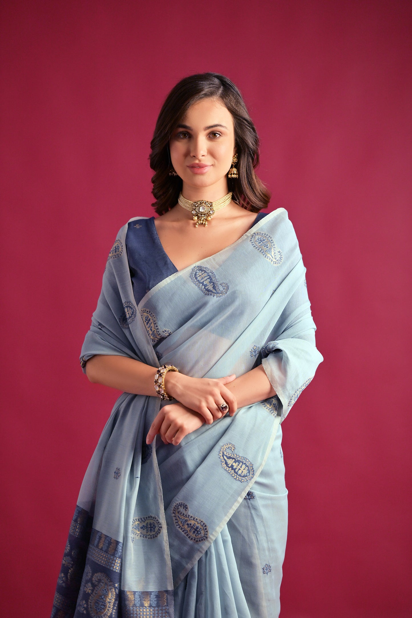 Firozi Mul mul Cotton Keri Woven Artisan saree