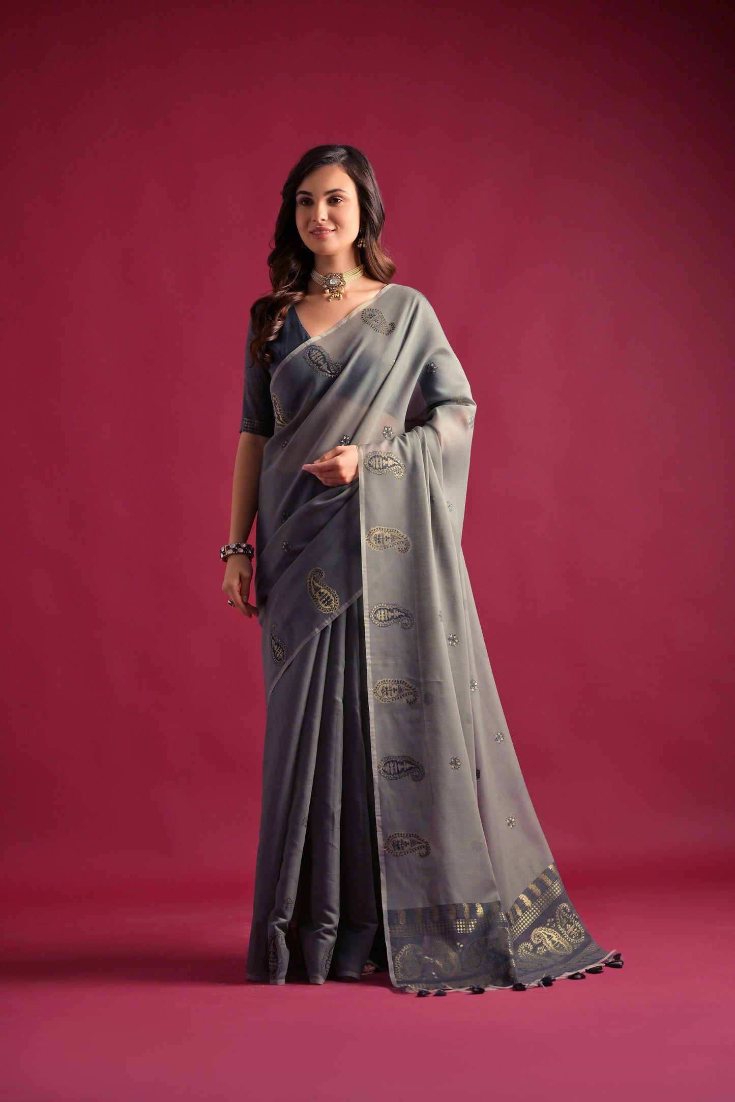 Grey Mul mul Cotton Keri Woven Artisan saree