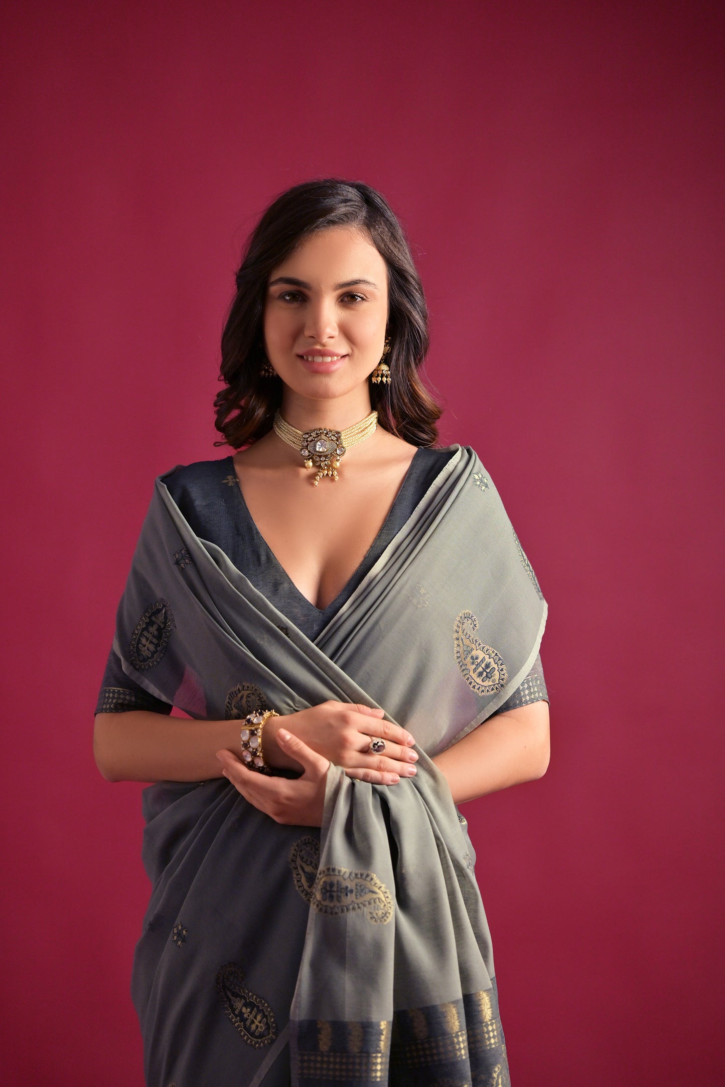 Grey Mul mul Cotton Keri Woven Artisan saree