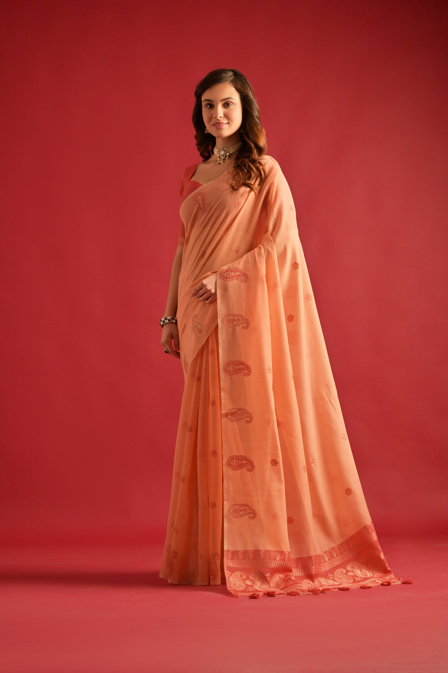 Peach Mul mul Cotton Keri Woven Artisan saree