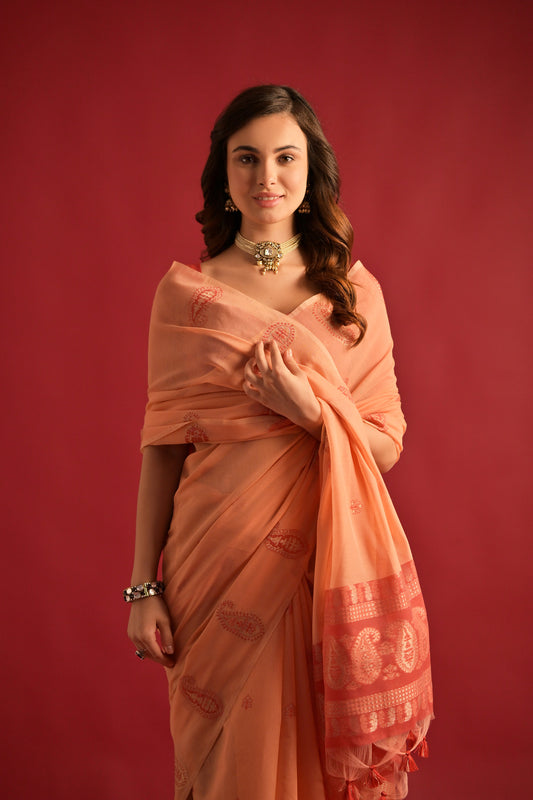 Peach Mul mul Cotton Keri Woven Artisan saree