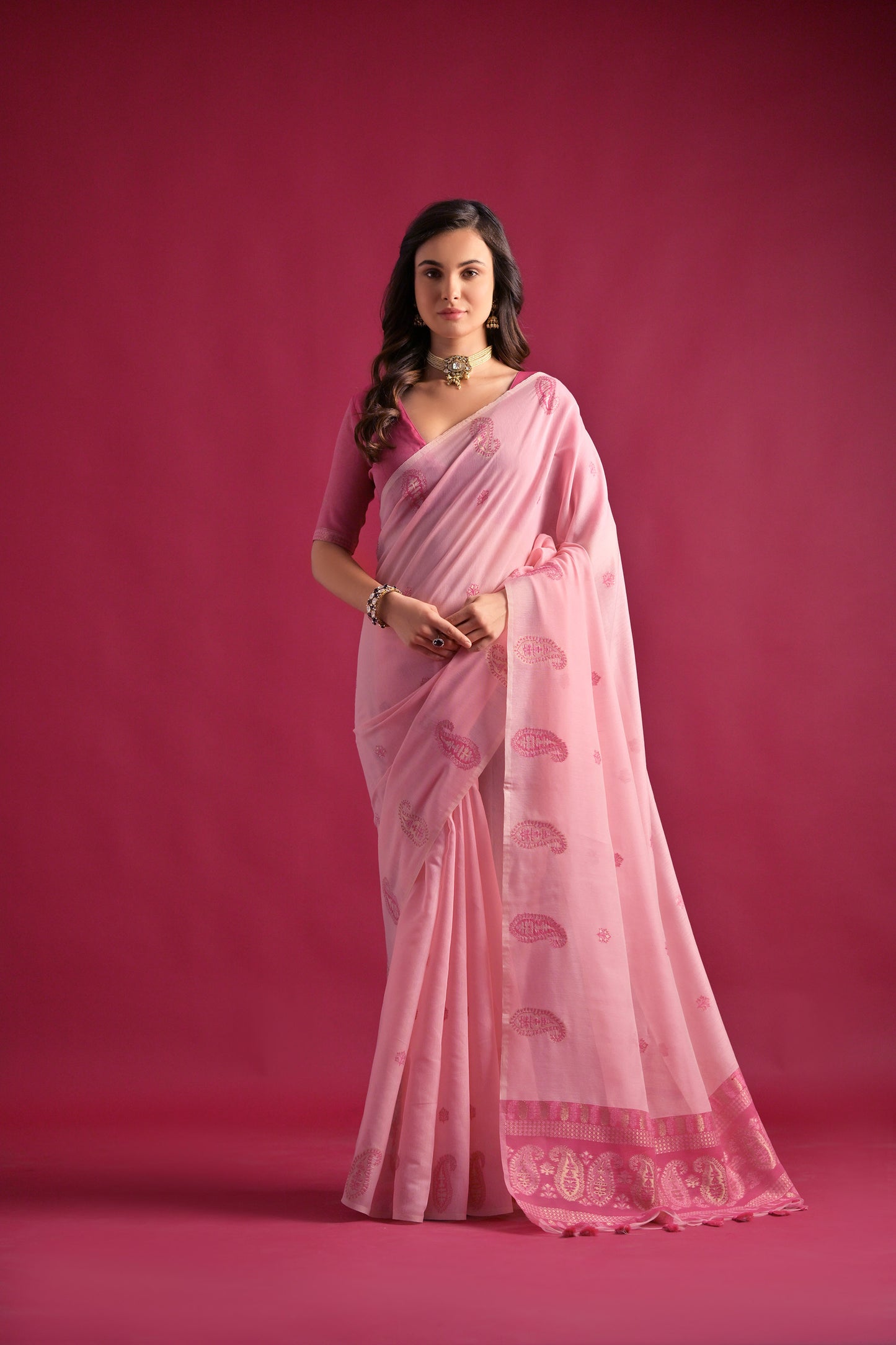 Pink Mul mul Cotton Keri Woven Artisan saree