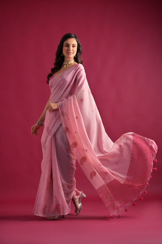 Pink Mul mul Cotton Keri Woven Artisan saree