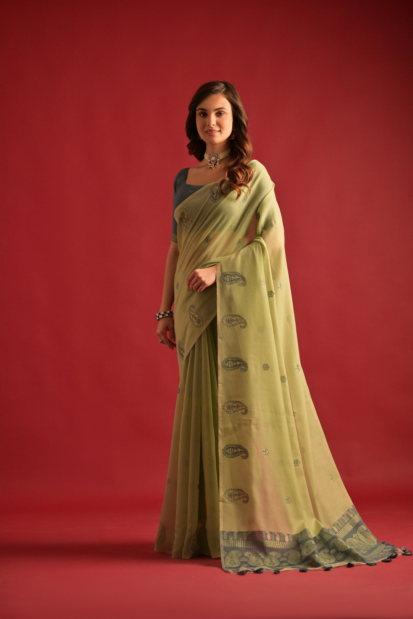 Pista Mul mul Cotton Keri Woven Artisan saree