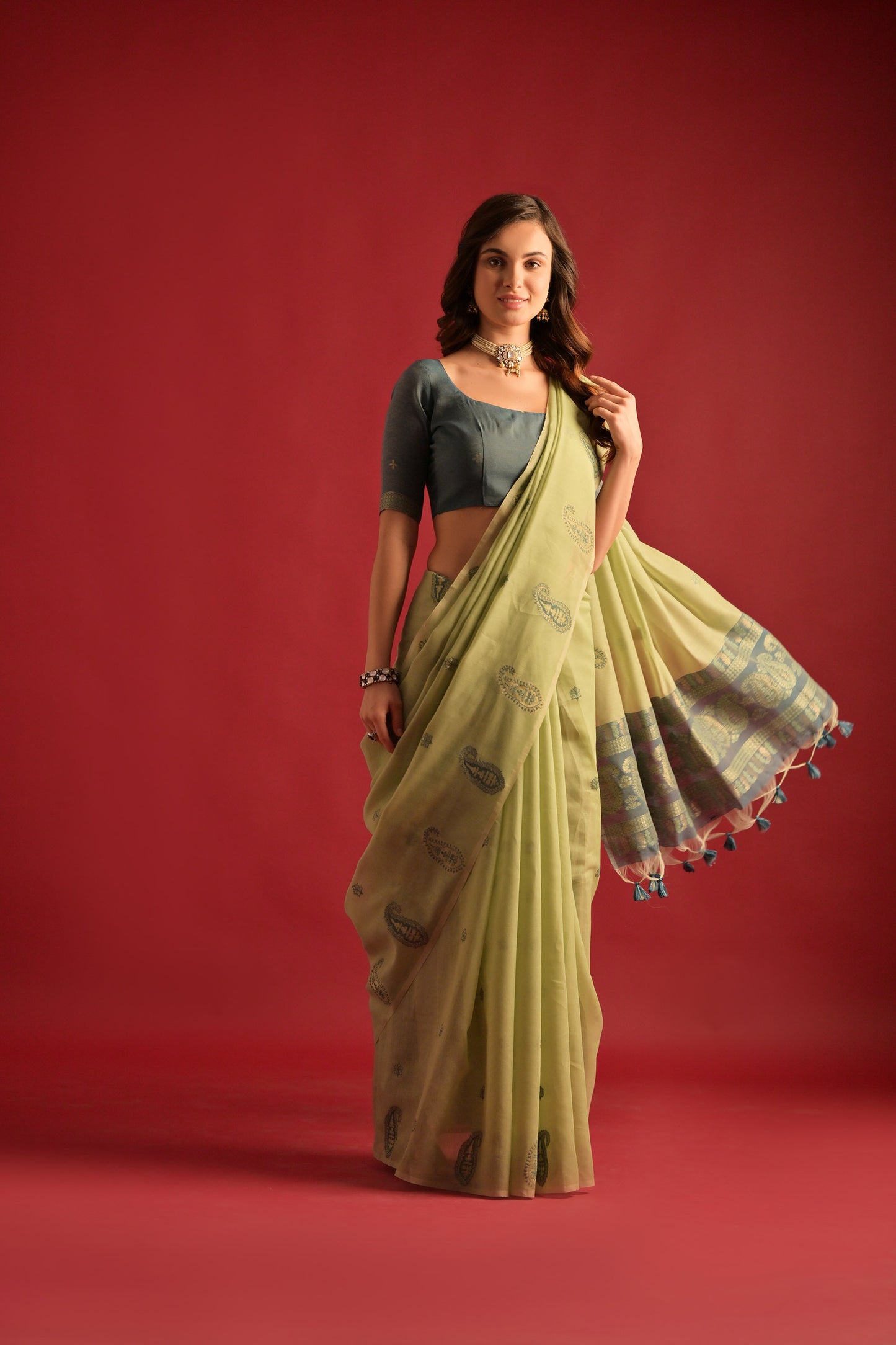 Pista Mul mul Cotton Keri Woven Artisan saree