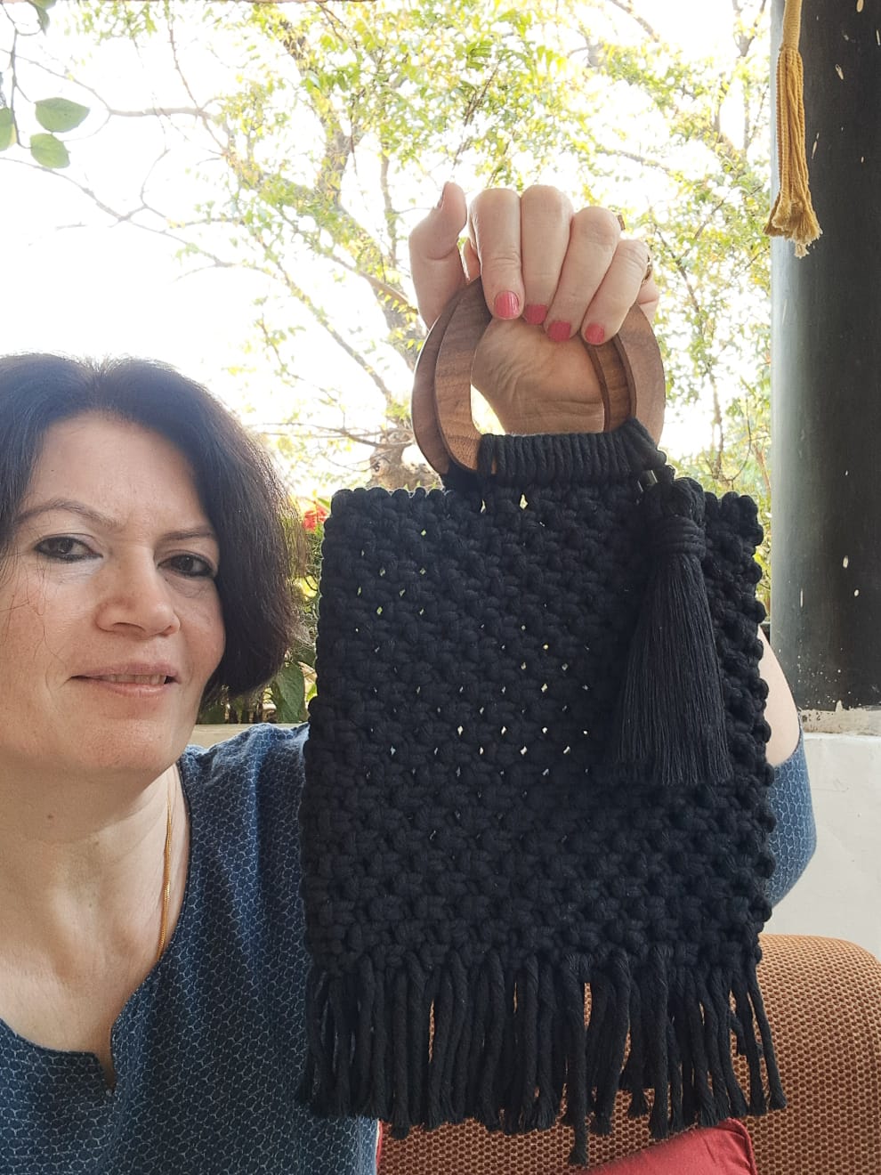 Macrame Bag with Wooden Handle