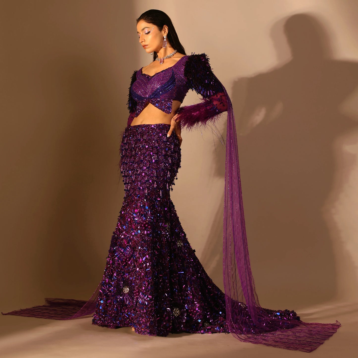 The Purple Net Moonlight Fish cut Lehenga set