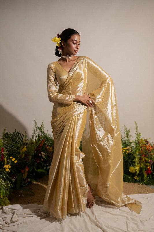 Mari-gold Rush I Neon Yellow Tissue Saree